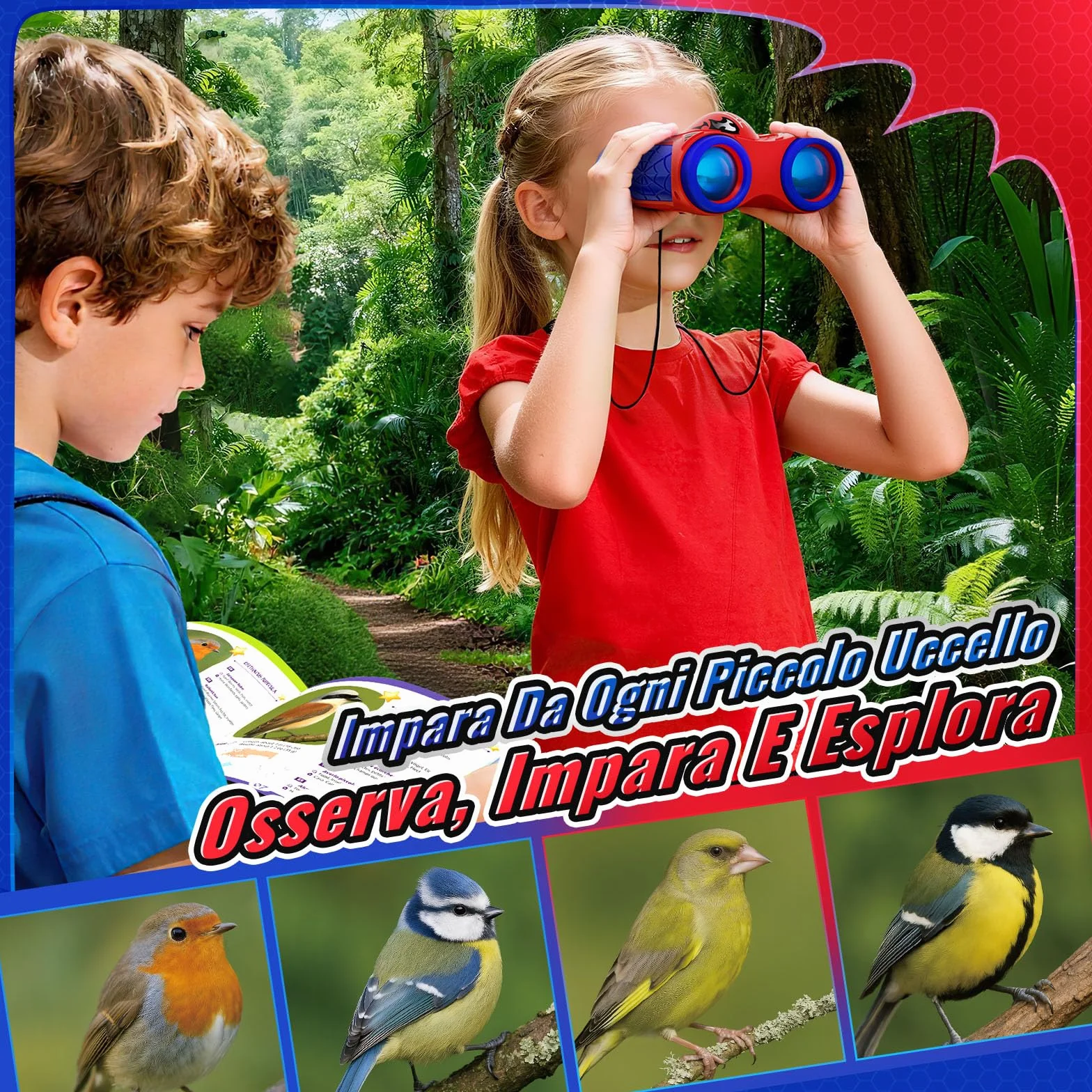 Binocolo Bambini con Bussola e Guida Uccelli, Binocoli Regalo Bambino Gioco Bimbo 3 4 5 6 7 8 9 Giochi Esterno Giardino Bambini Giocattoli Bambino 3-12 Anni Maschio Compleanno Pasqua Regalos