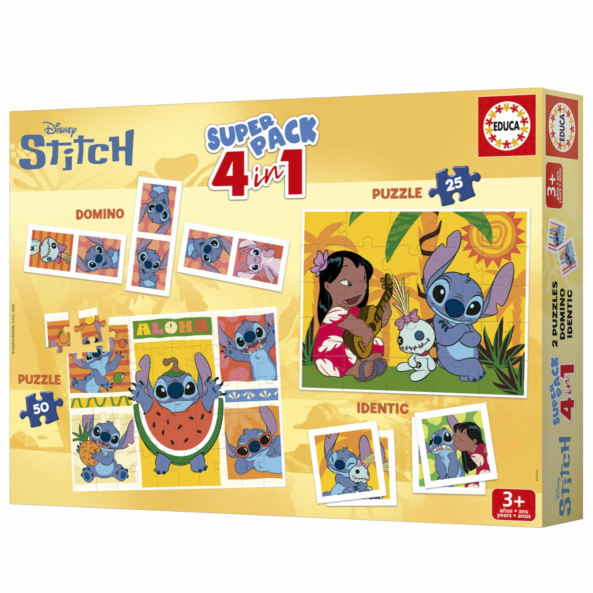 Educa - Stitch Superpack 4 in 1 | Cofanetto Giochi Bambini Disney: 2 Puzzle 25 e 50 Pezzi, Domino 28 Tessere, Memory 28 Carte | Licenza ufficiale Disney | Dai 3 anni (20474)