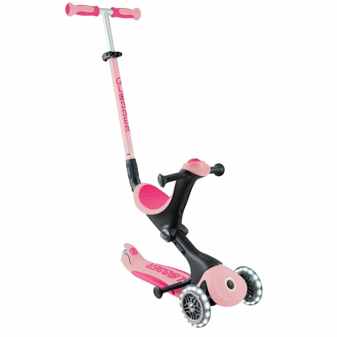 Globber - GO UP Deluxe Lights - Monopattino a 3 ruote con seduta, per bambini dai 15 mesi ai 6 anni, rosa