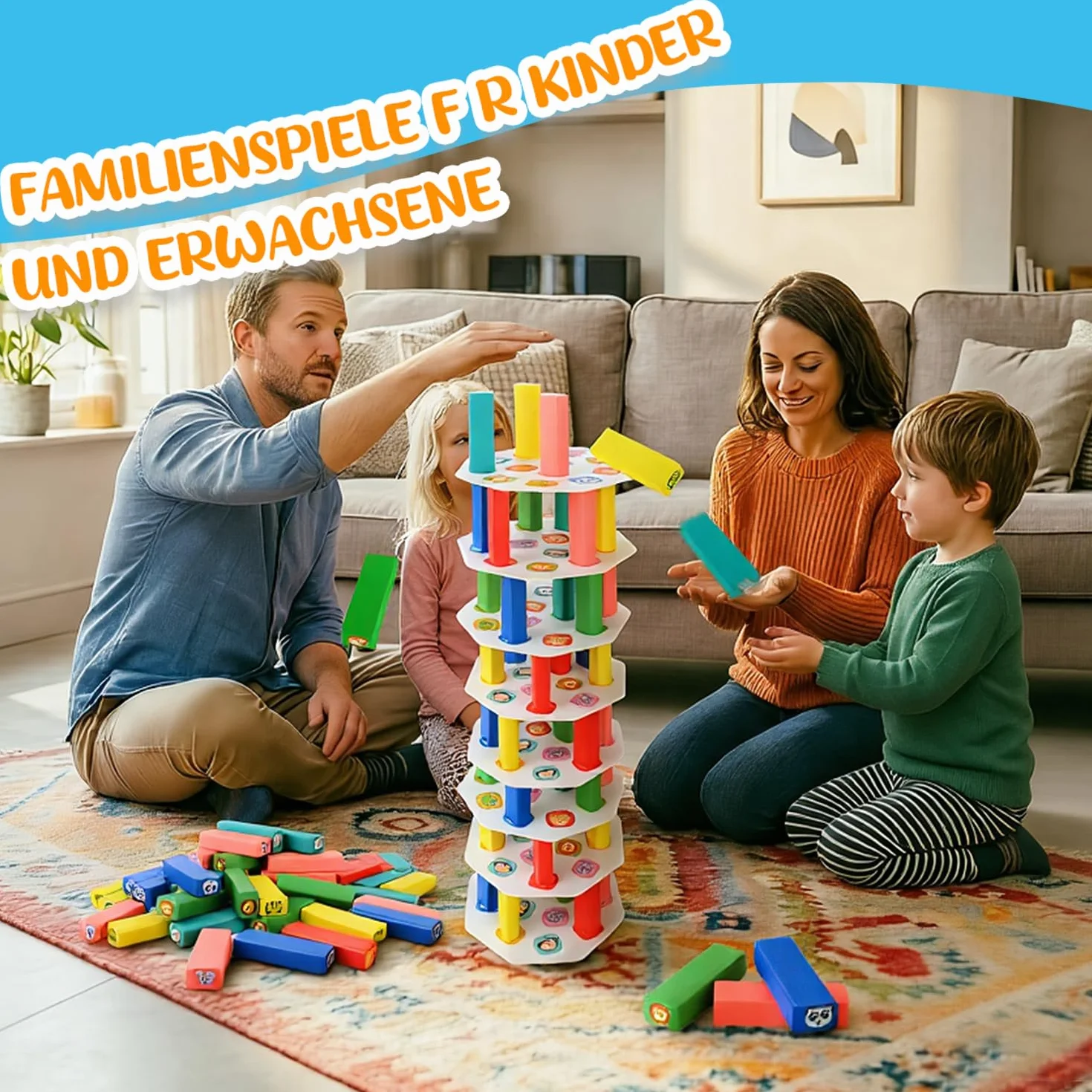 Torre Oscillante Impilabile in Legno, Gioco Educativo 4 in 1 per Bambini 3+ Anni, 75 Pezzi Blocchi Costruzioni Equilibrio, Gioco da Tavolo di Abilità, Bambini e Famiglia