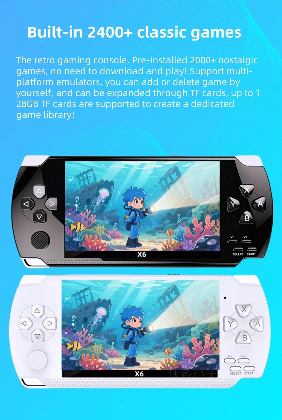 Console di gioco portatile retrò YHFITN da 4,3 pollici - Giochi classici integrati, lettore di videogiochi portatile con connessione TV, batteria ricaricabile ed espansione per scheda TF (white)