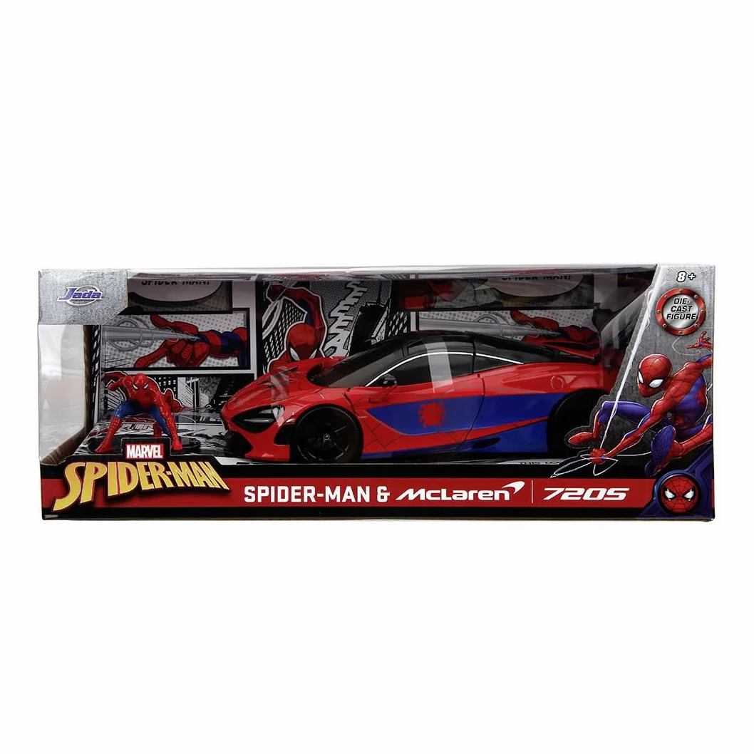 Jada Toys Marvel Auto McLaren 720S (19 cm) con personaggio Spider-Man (5 cm) - Modellino auto con parti apribili, set di giocattoli in metallo per fan e bambini dagli 8 anni in su