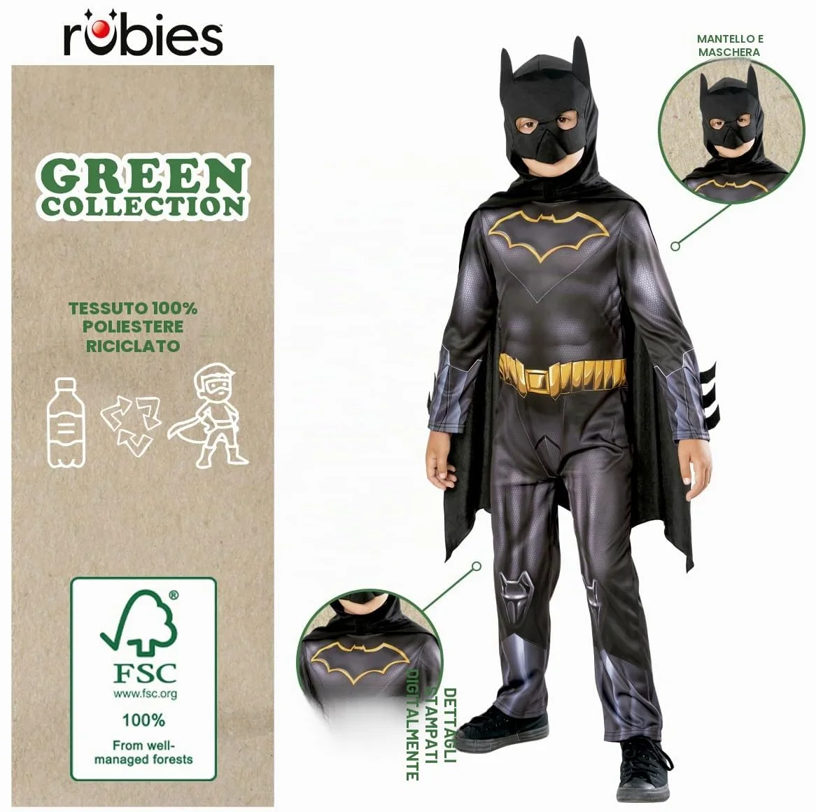 Rubies Costume Batman per bambini, Green Collection, costume sostenibile, tuta con mantello e maschera, ufficiale DC Comics per Halloween, Carnevale, Natale e compleanno, taglia 9-10 anni (134-140 cm)