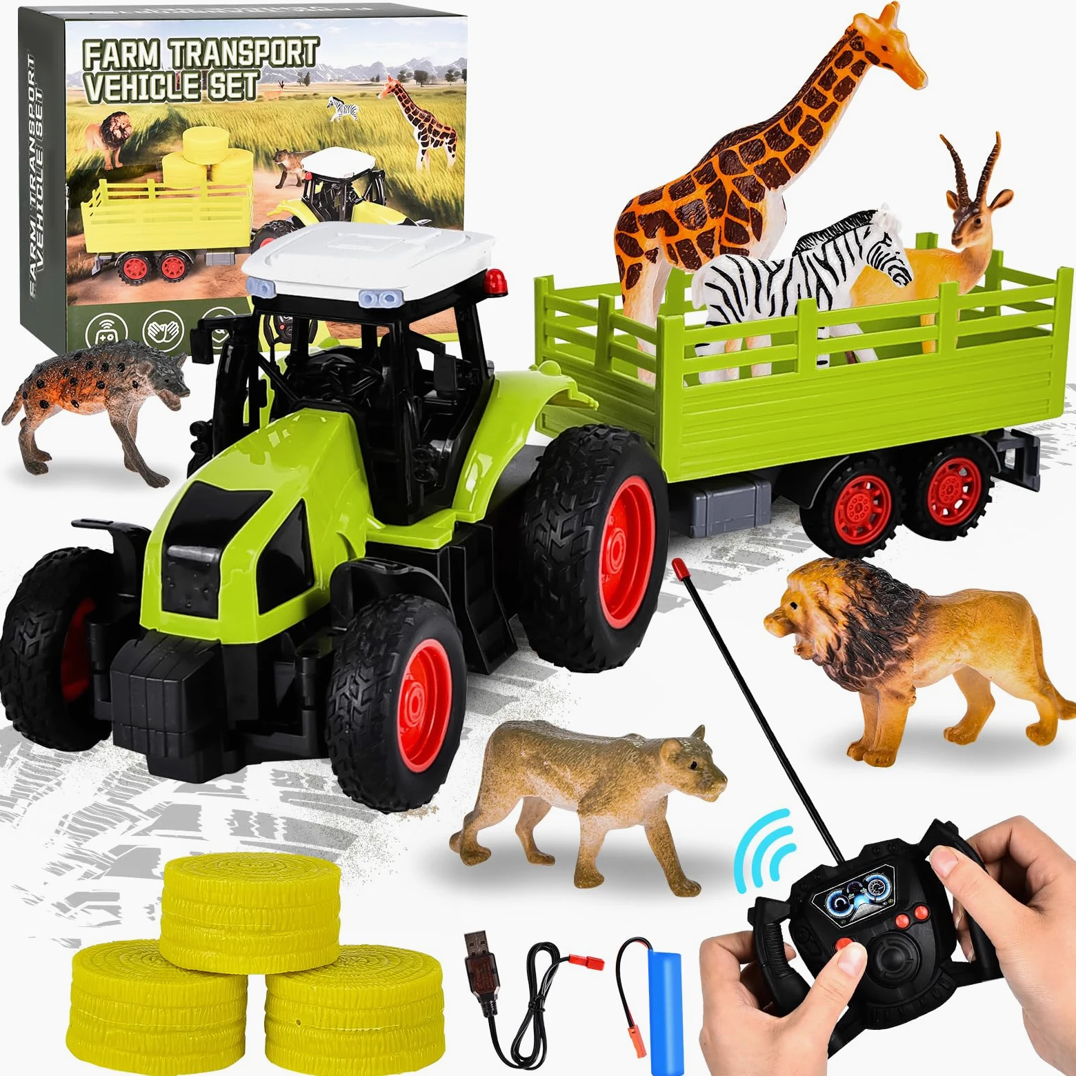 Aragallant RC Trattore Telecomandato per Bambini Con Rimorchio Animale Pagliaio, Radiocomandato Giocattoli Agricoltura Playset 3-8 Anni
