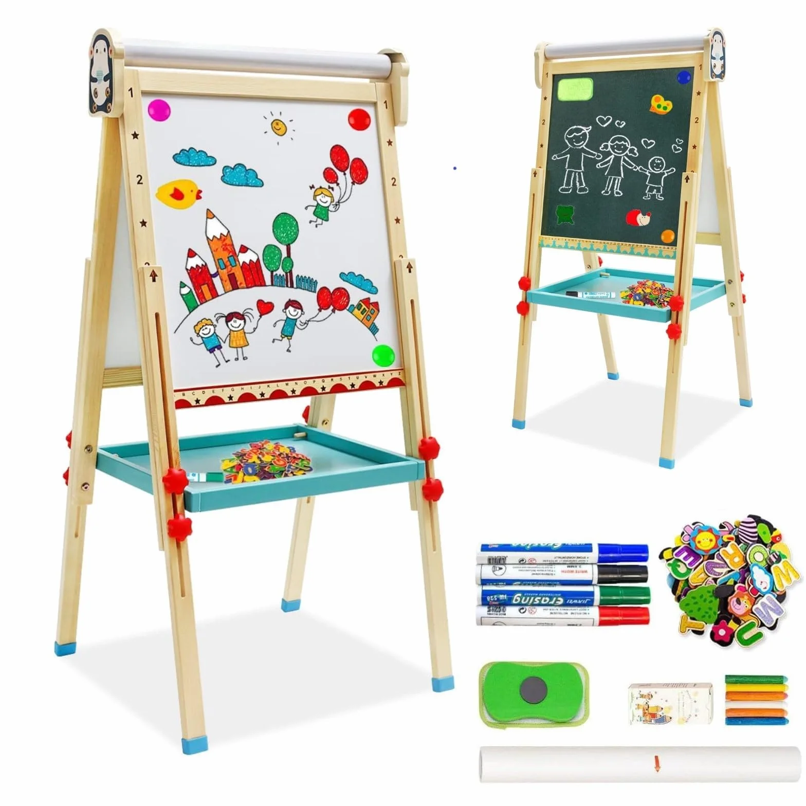 Lavagna in Legno per Bambini, Cavalletto per Bambini con Rotolo di Carta, Lavagna Bianca su Due Lati, con Numeri e Altri Accessori per 3 Anni ragazzi e Ragazze Regalo