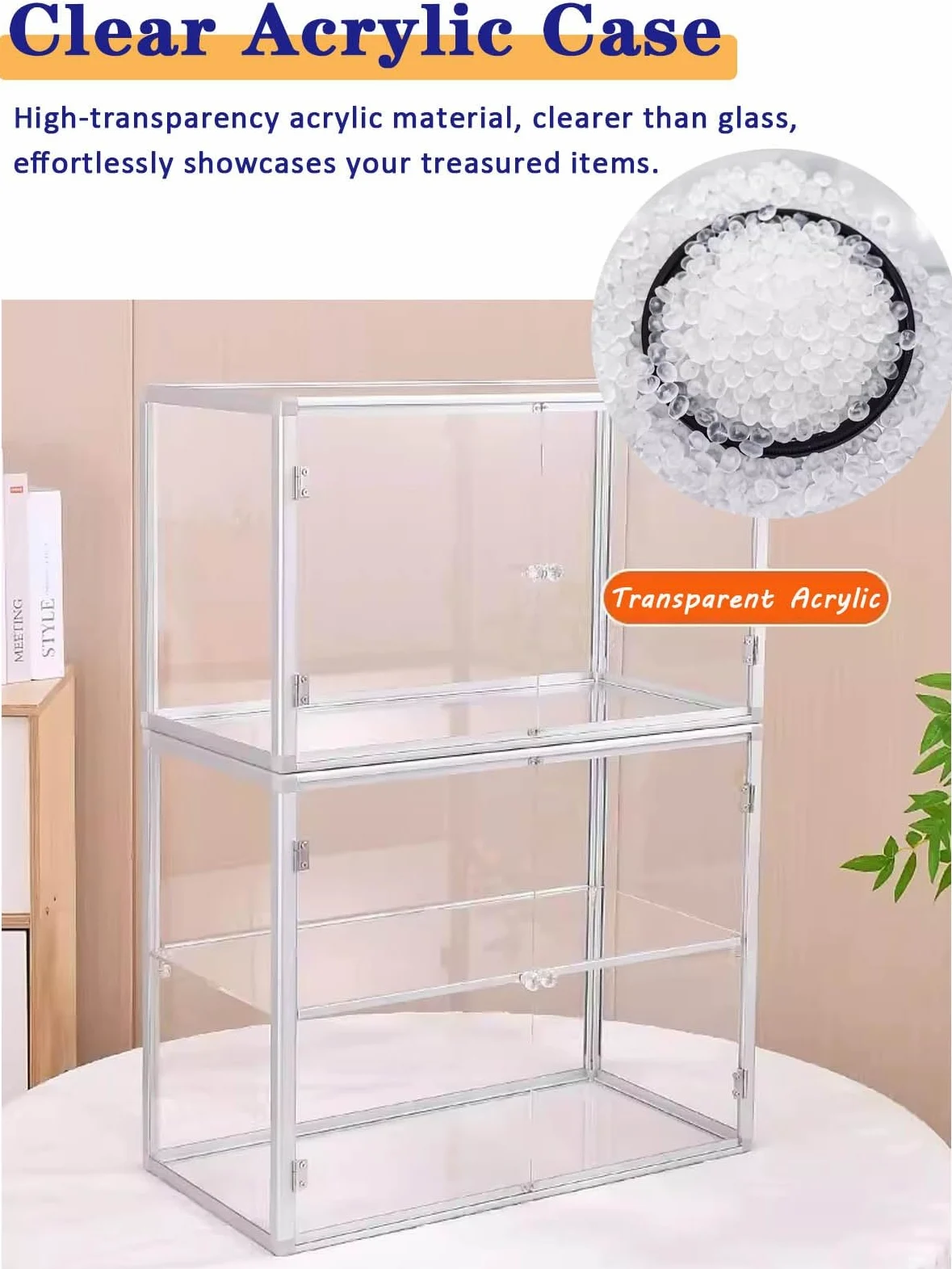 Vetrinetta Espositiva Espositore in Acrilico Extra Large per Figure, Espositore Magnetico Largo 40-80 cm con Doppie Ante, Vetrina Apribile con Struttura in Metallo(70x40x40cm(28x16x16in))