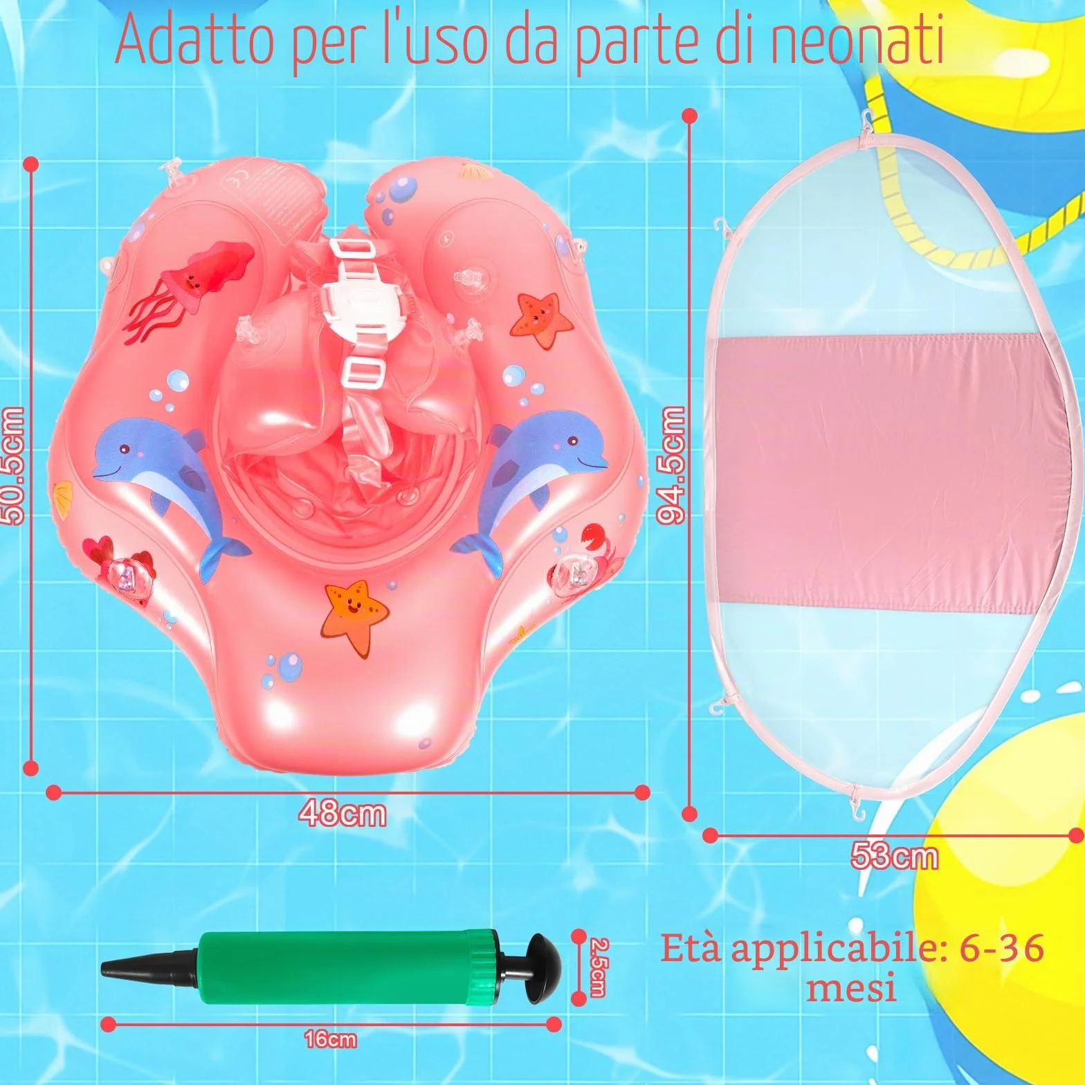 Piscina Salvagente Bambini Gonfiabile, Salvagente Neonato 1-3 anni, Salvagentes Neonato con Parasole e Seggiolino di Sicurezza, Anello di Nuoto Bambini UPF50+ Protezione UV(Rosa)