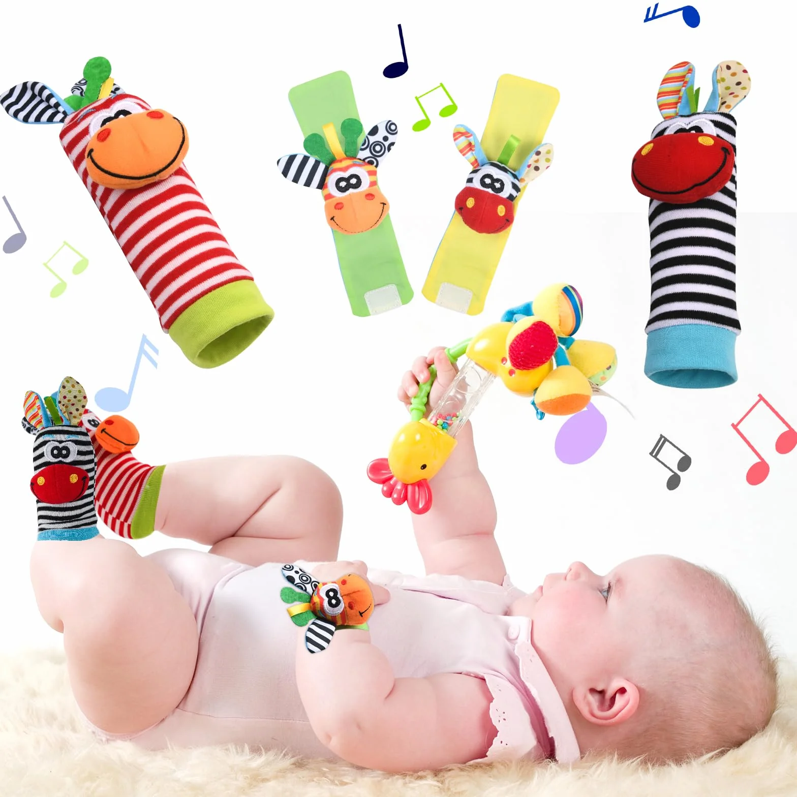 Vicloon Baby Rattle 4 Pack Neonato Sonagli Calzini da Polso Sonagli Sensoriali Giocattoli Soffici 0-6 Mesi