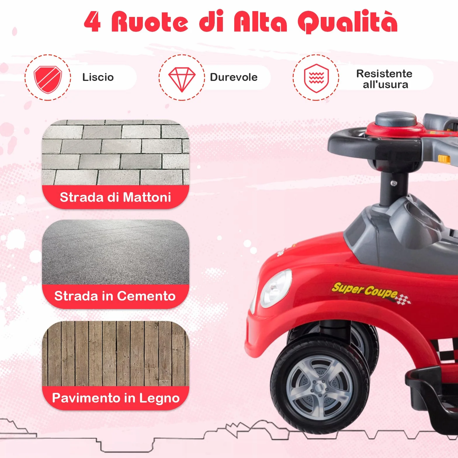 COSTWAY Macchina Cavalcabile a Spinta 3 in 1 per Bambini, con Guardrail Staccabili e Clacson, Design Anti-ribaltamento, Rosso
