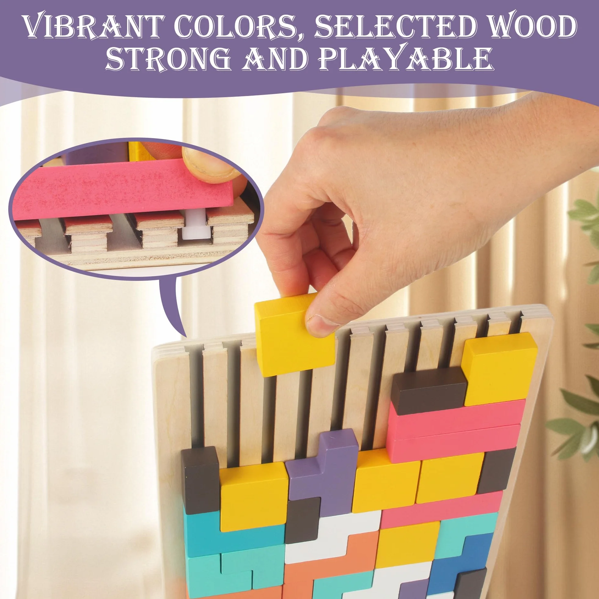 Gioco Impilabile in Legno Tetris, Giocattoli Educativi, con 10 Carte, Intelligenza Jigsaw, Puzzle Bambini 3 4 5 6 Anni, Colorato Blocchi Geometrici Tetris, Regalo Educativi