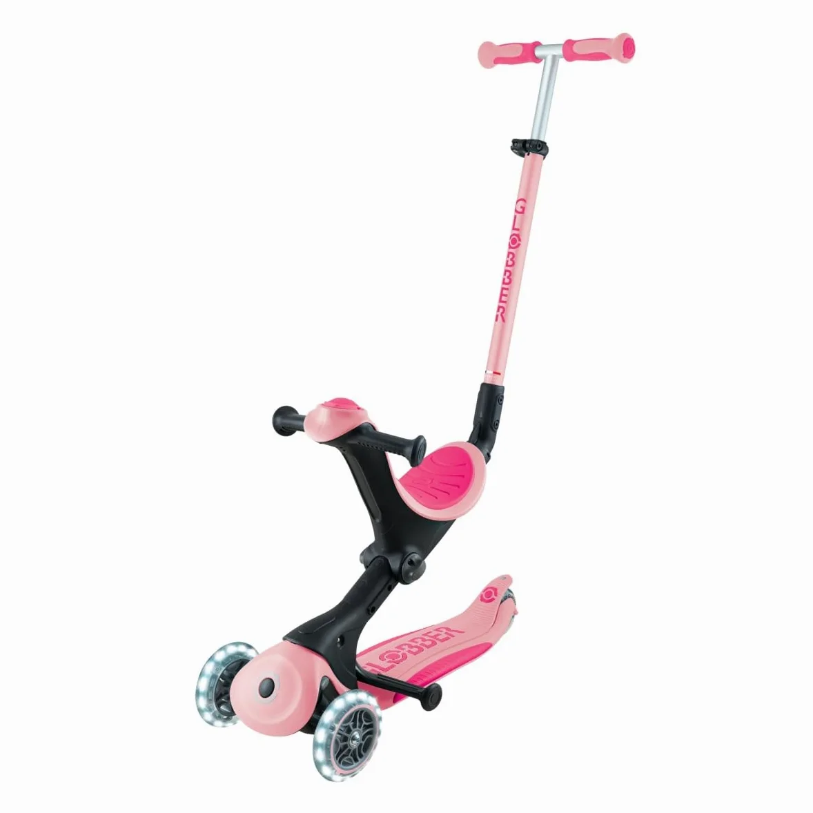 Globber - GO UP Deluxe Lights - Monopattino a 3 ruote con seduta, per bambini dai 15 mesi ai 6 anni, rosa