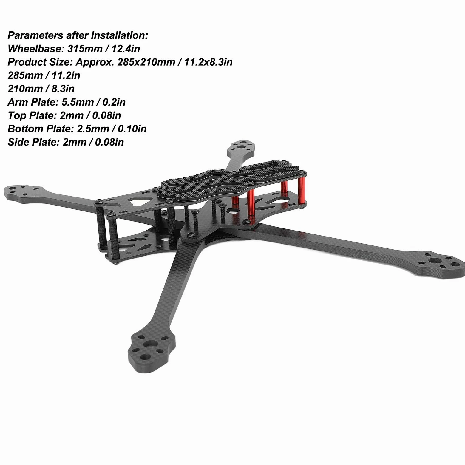 Alomejor Kit di Telaio Quadrirotore Leggero in Fibra di Carbonio da 315 mm, Resistente agli Urti, Manutenzione Facile per gli Amanti dei Droni da Corsa FPV