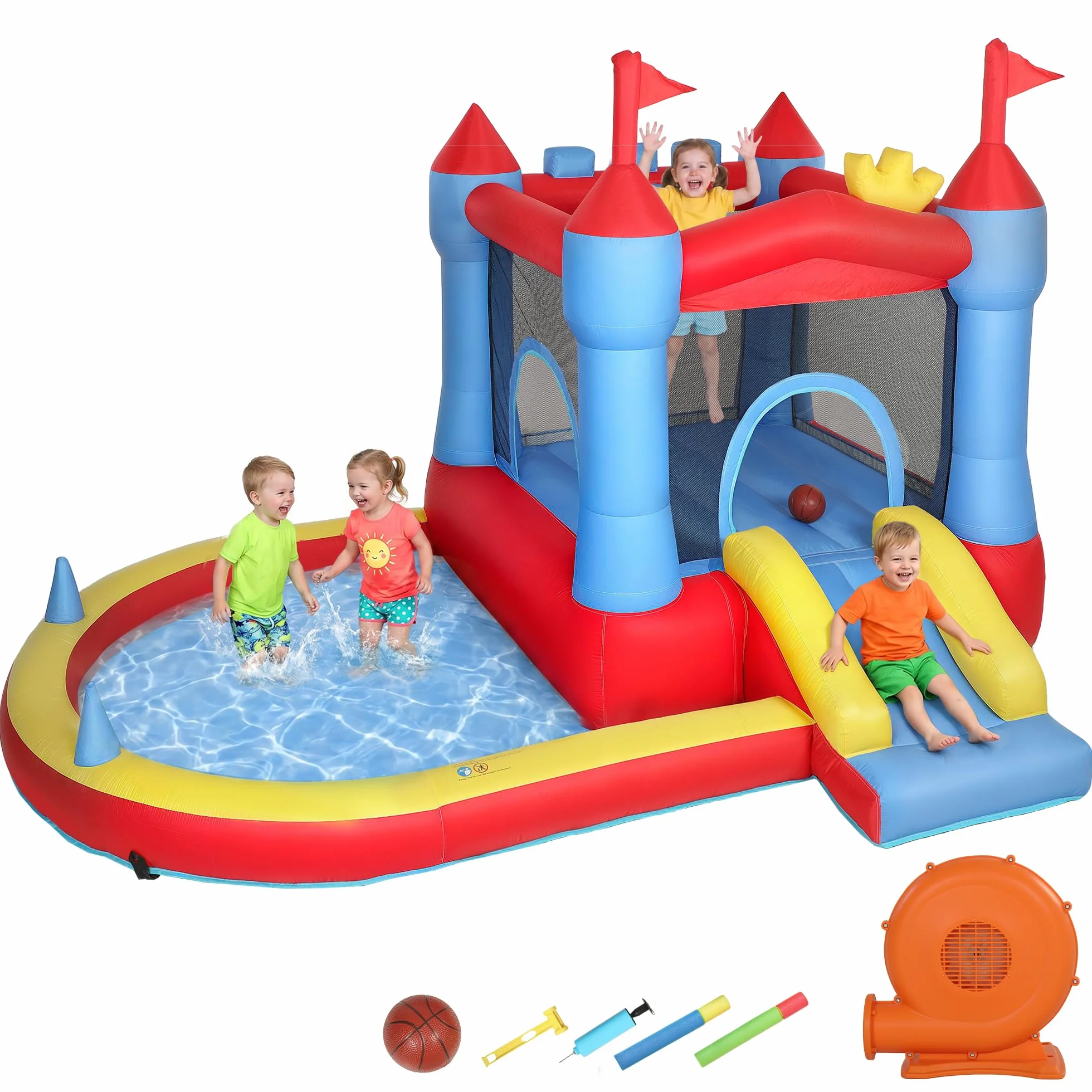 AIYAPLAY Castello Gonfiabile per Bambini 4 in 1, Parco Acquatico con Scivolo, Trampolino, Piscina Palline, Canestro Basket, Soffiatore, Borsa Trasporto, Interni Esterni, 3-8 Anni, 342x255x209 cm
