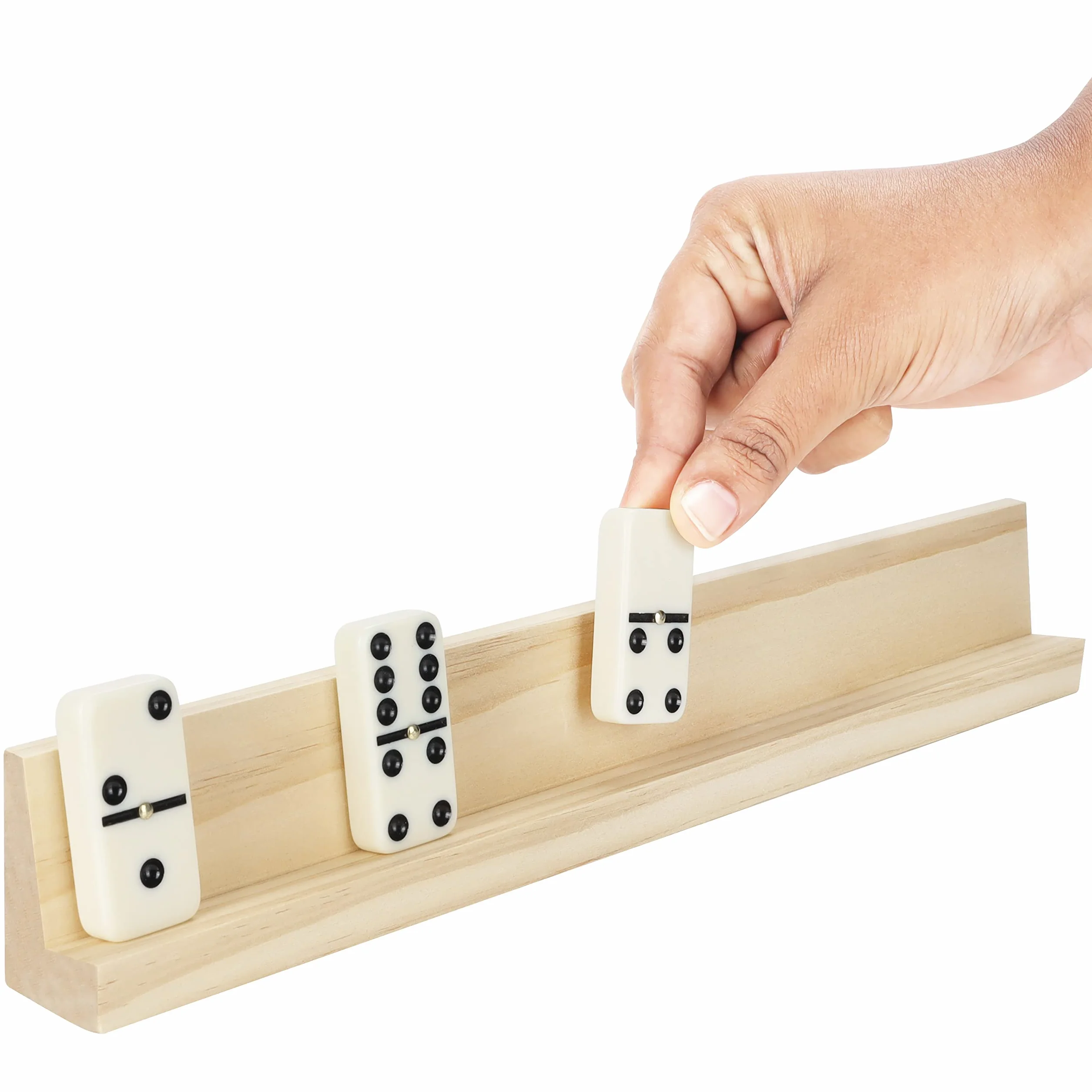 BELLE VOUS Porta Tessere Domino Legno (Set da 4) - 33,6 x 2,8 x 4,7 cm - Vassoi Professionali per Domino Gioco da Tavolo - Reggi Tessere Domino di Legno per Trenino Messicano, Mahjong e Giochi