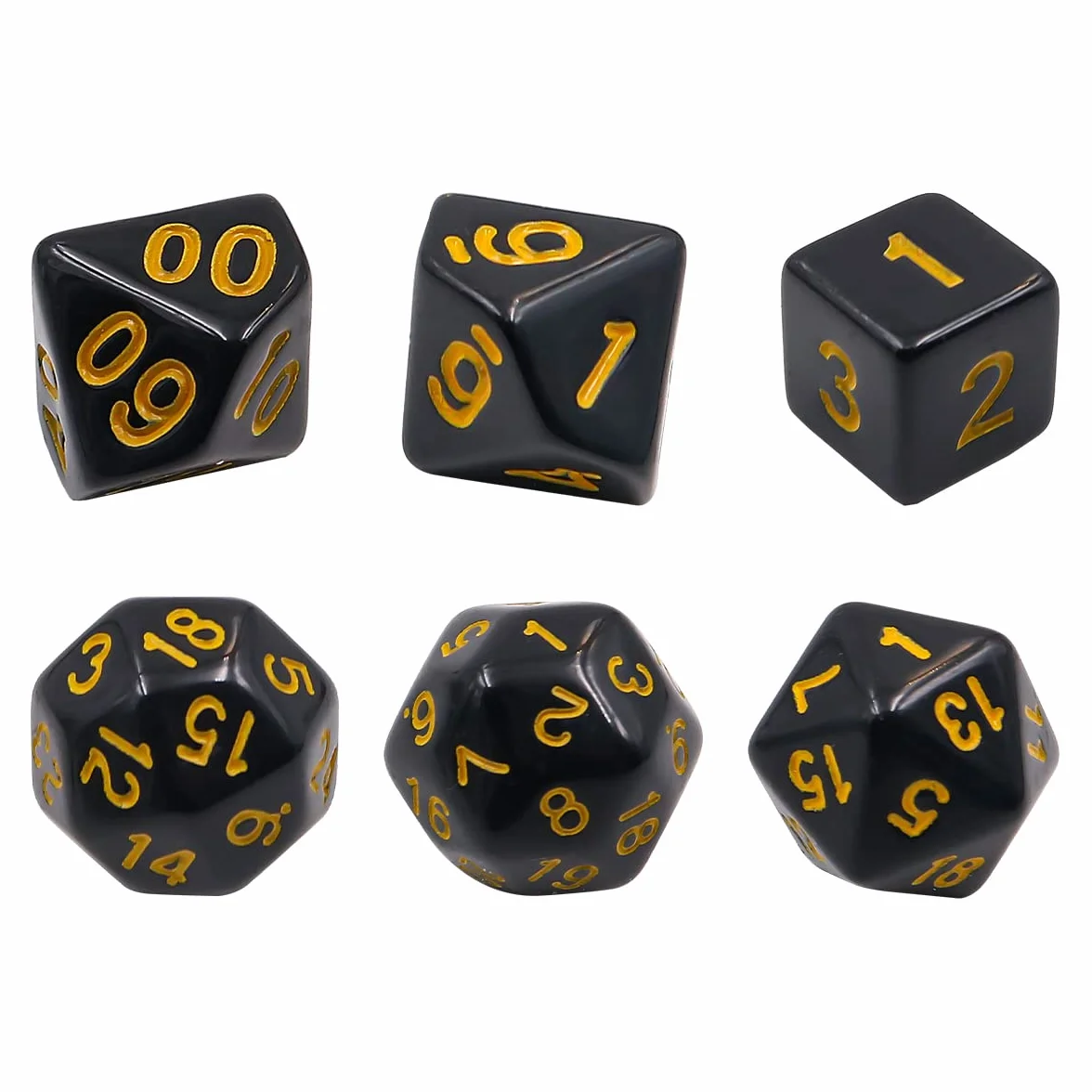 DollaTek Set completo di dadi poliedrici D3-D100, 15 pezzi, per giochi di ruolo, da tavolo, neri e gialli