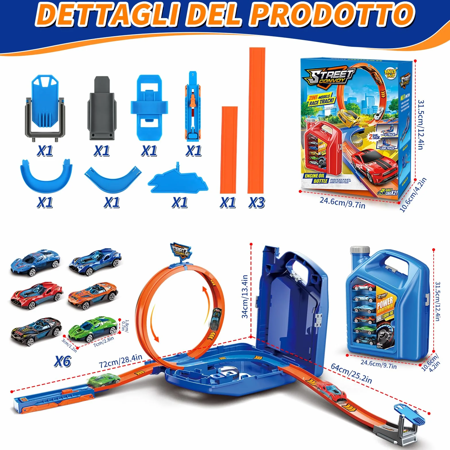 Charmofun Pista Macchinine 2 in1, Giocattolo Piste da Corsa con 6 Auto, Scatola Immagazzinaggio, Piste Macchinine per Bambini con Anello e Binari a U, Portatile Pista per Bambini 3+ Anni (Blu)