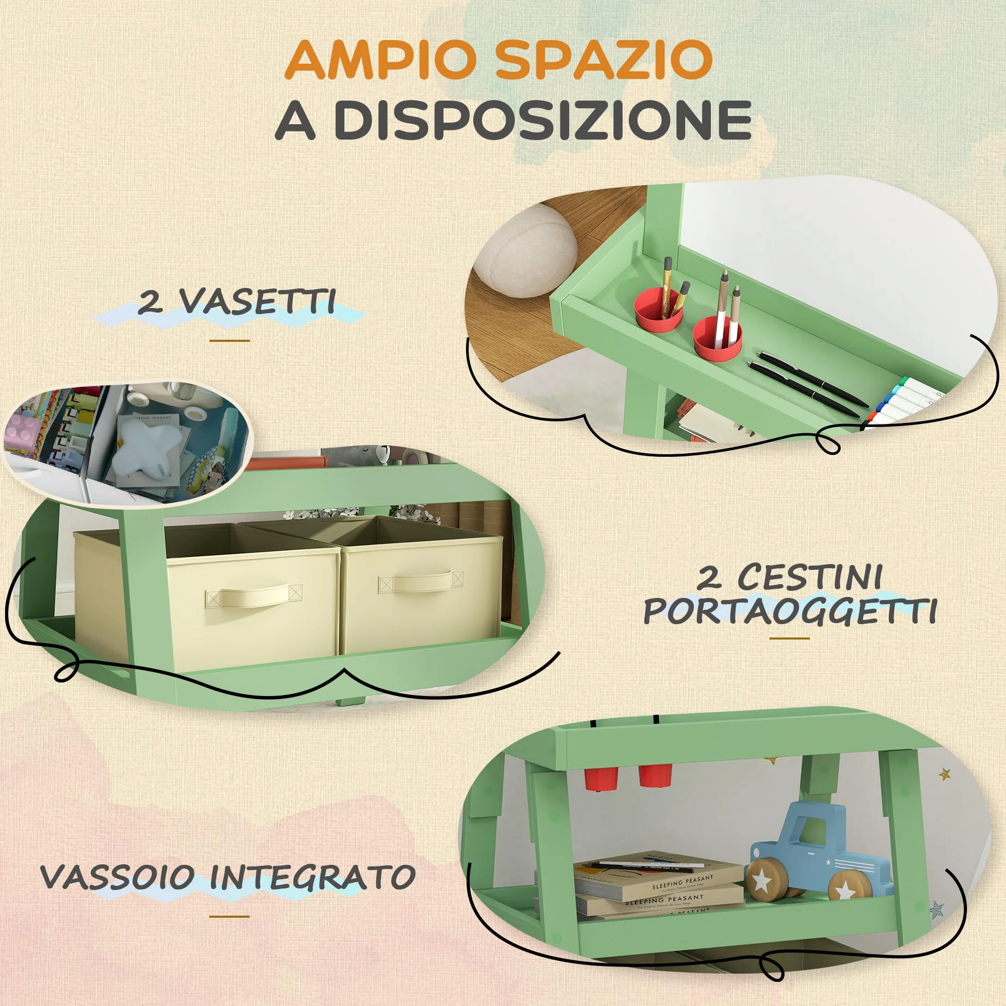 AIYAPLAY Lavagna cavalletto per bambini 3 in 1 lavagna double face bambino con pannello bianco e nero magnetico - rotolo di carta + 2 cestini portaoggetti integrati - 3-6 anni in legno verde