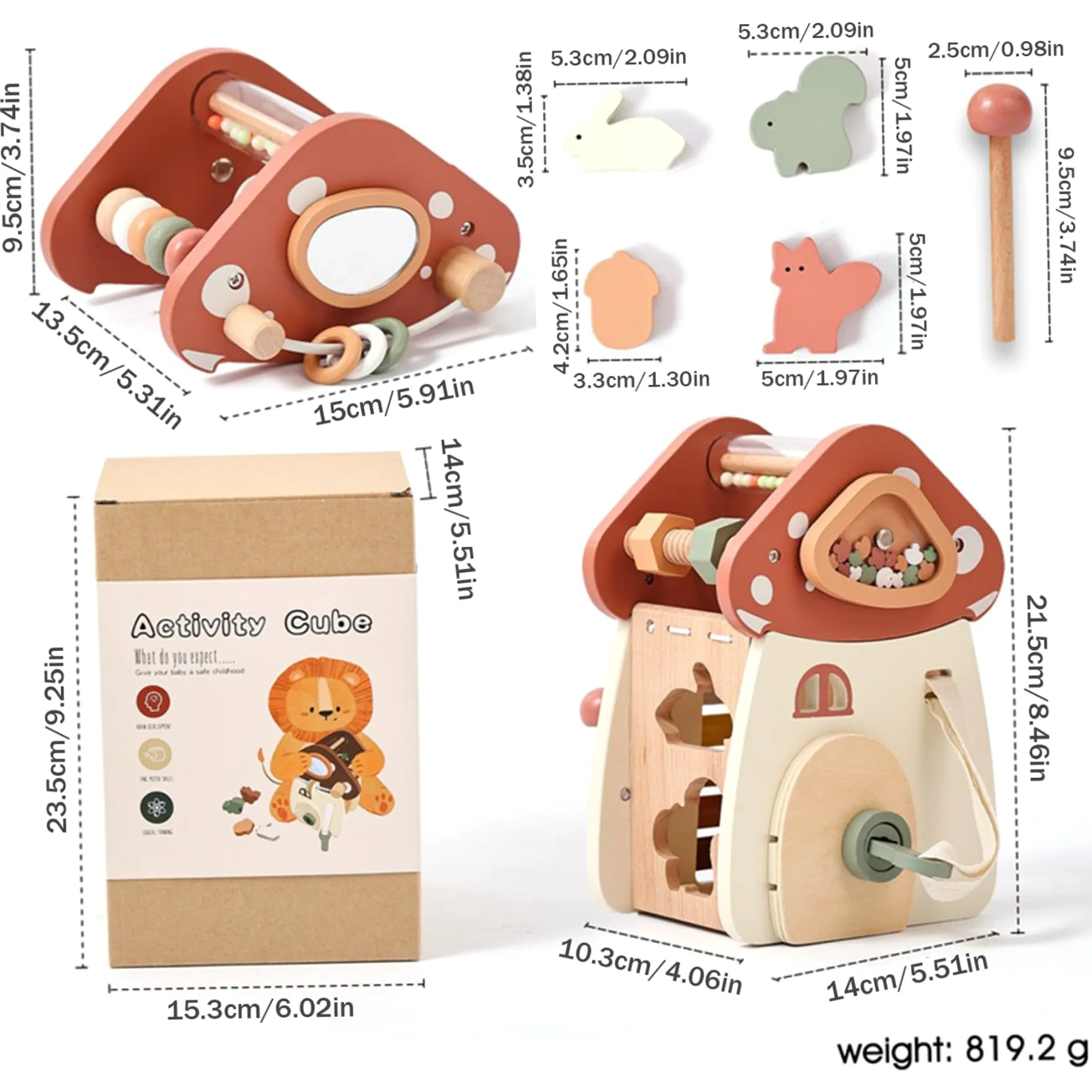 Cubo di attività per Bambini a Forma di Fungo 5 in 1 Cubo di attività in Legno per Bambini Giocattoli educativi per l'apprendimento Forma Sorter di per Ragazzi e Ragazze Complea