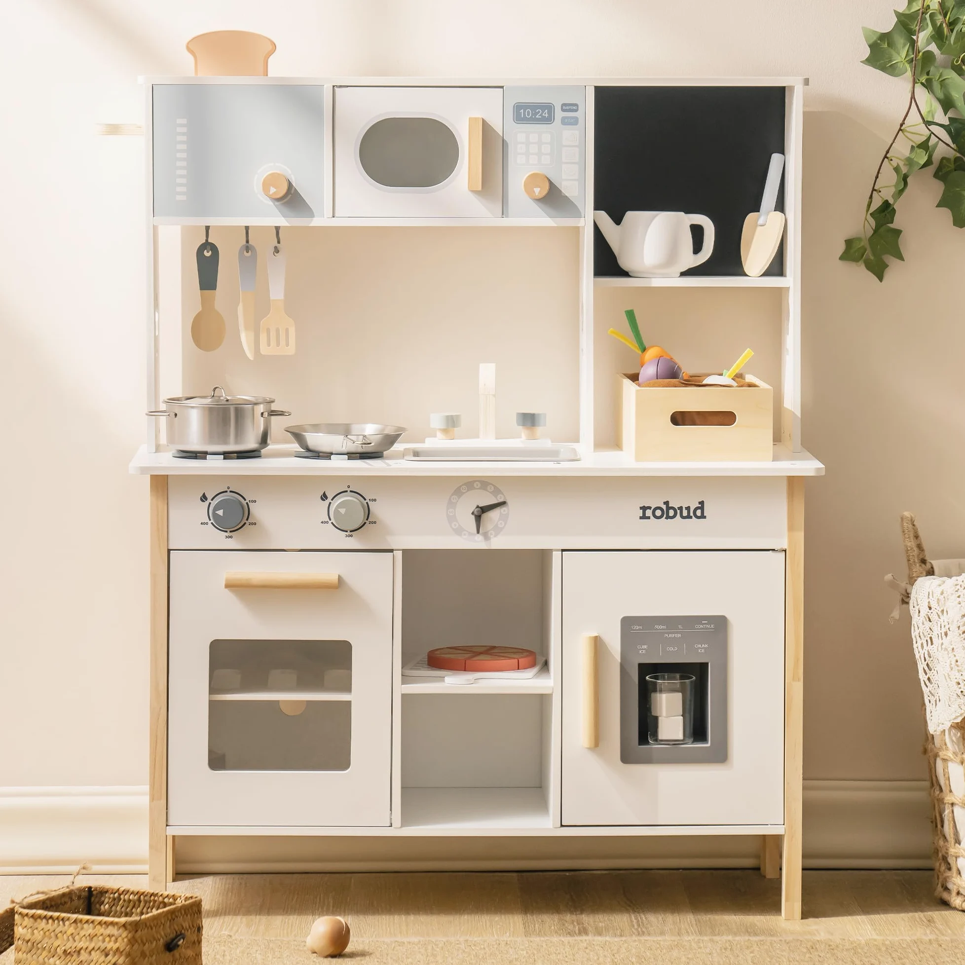 ROBUD Cucina Giochi per Bambini, Cucina in Legno con Fioriera, Tostapane e Macchina per il Gelato, Set da Gioco con Accessori per la Cucina, Pizza, Regalo per Bambini dai 3 Anni in Su
