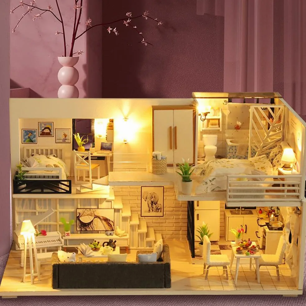 Kit fai da te in miniatura per casa delle bambole a 2 piani, modello moderno in legno con luci a LED, kit di costruzione fai da te, regalo creativo per hobby per adulti e ragazzi