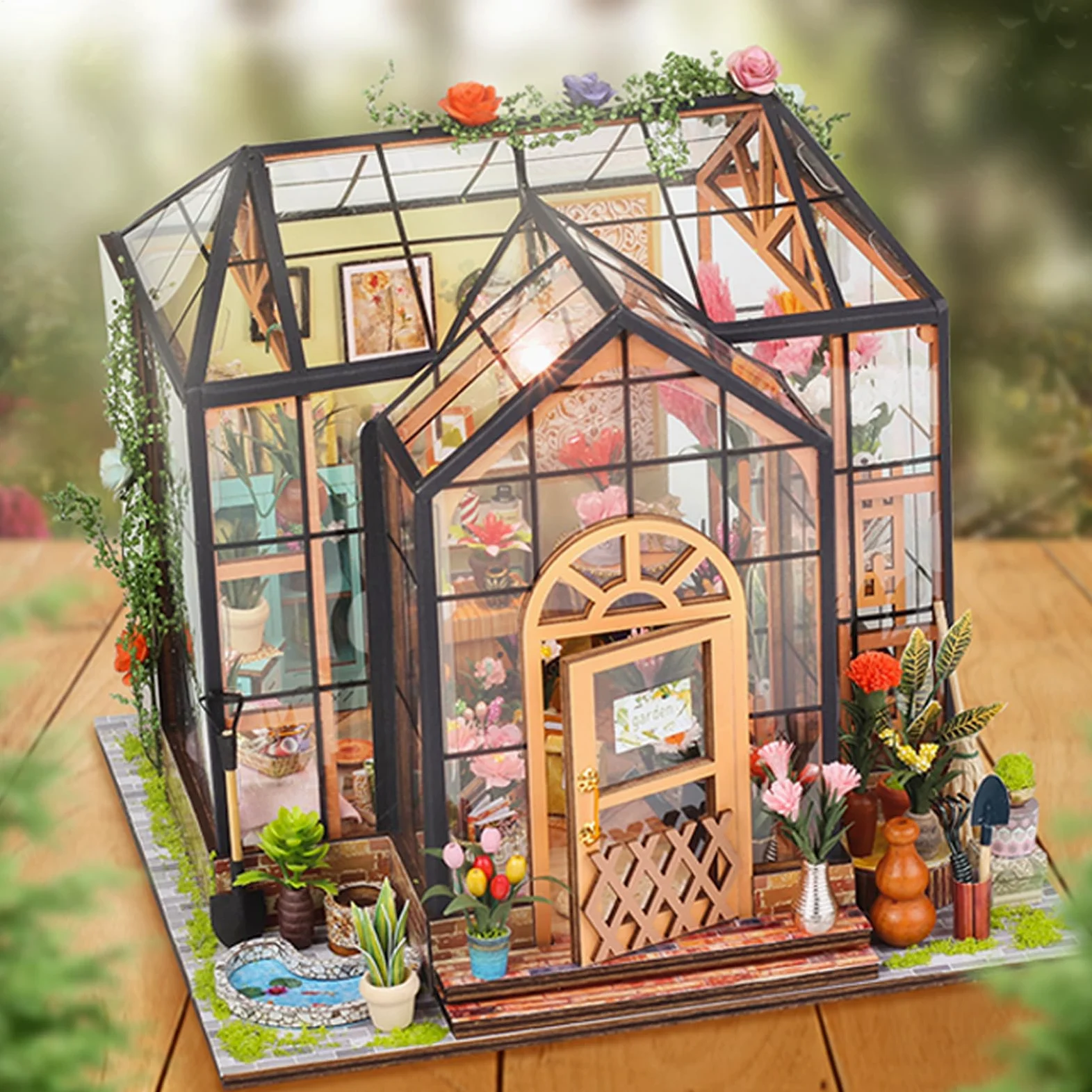 Kit Casa Miniatura Artigianale 3D Serra in Legno Puzzle DIY | Casa Mobili e Colla per Attrezzi Progetti Fai-da-te Creativi per Arredo di Mini Casa per Natale e Compleanno