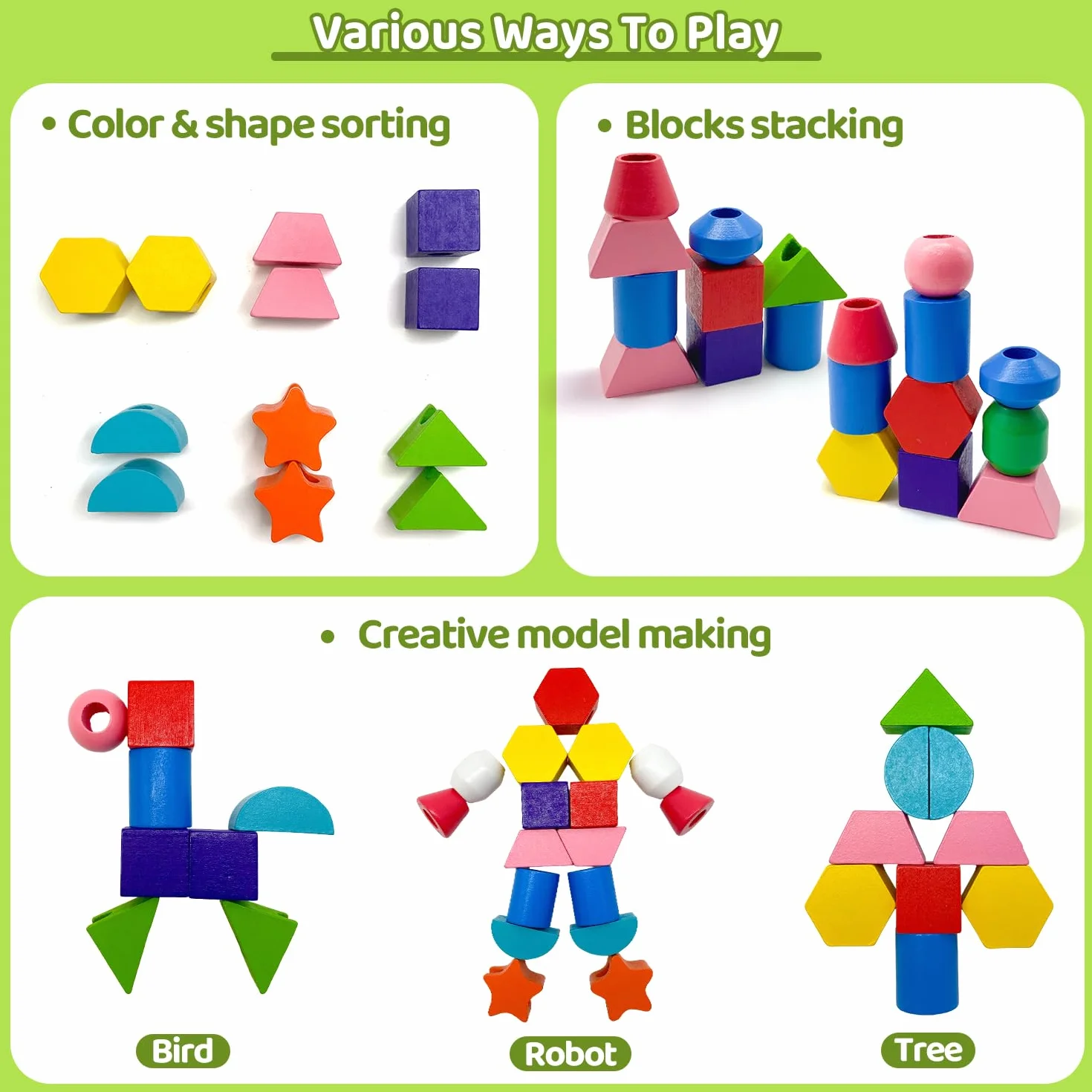 Yeefunjoy Giochi Montessori con Perline di Legno, 3 in 1 Giochi Educativi Legno Ordinamento e Impilamento Giochi, Gioco di infilatura Giocattolo Educativo per Bambini 2 3 4 5 Anno Regalo di Compleanno
