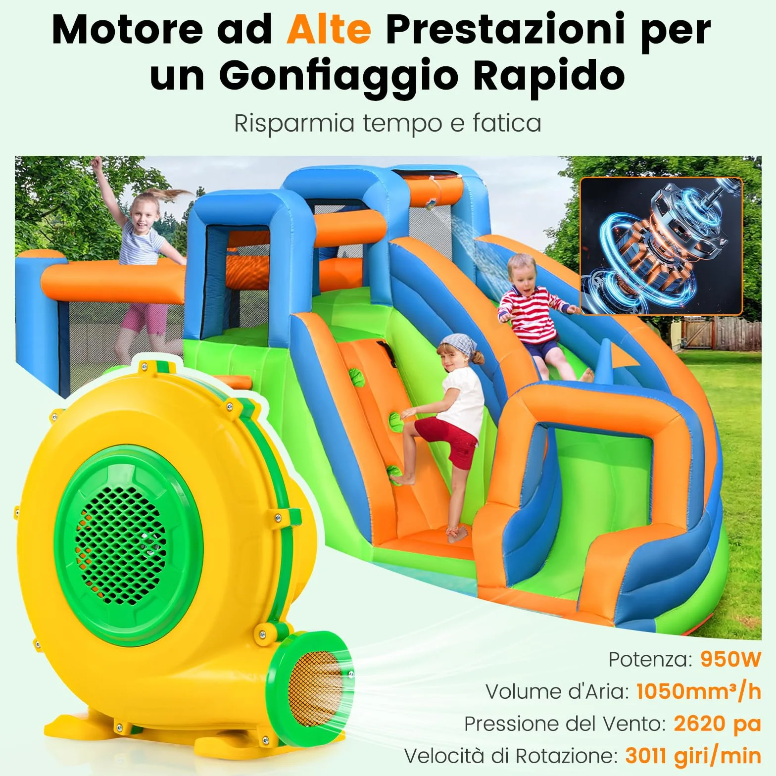 COSTWAY Ventilatore di Aria del Castello Gonfiabile, Soffiatore per Giochi Gonfiabili con Cavo di Alimentazione, per Castello Gonfiabile, Scivolo Acquatico e Giochi Gonfiabili (950W)