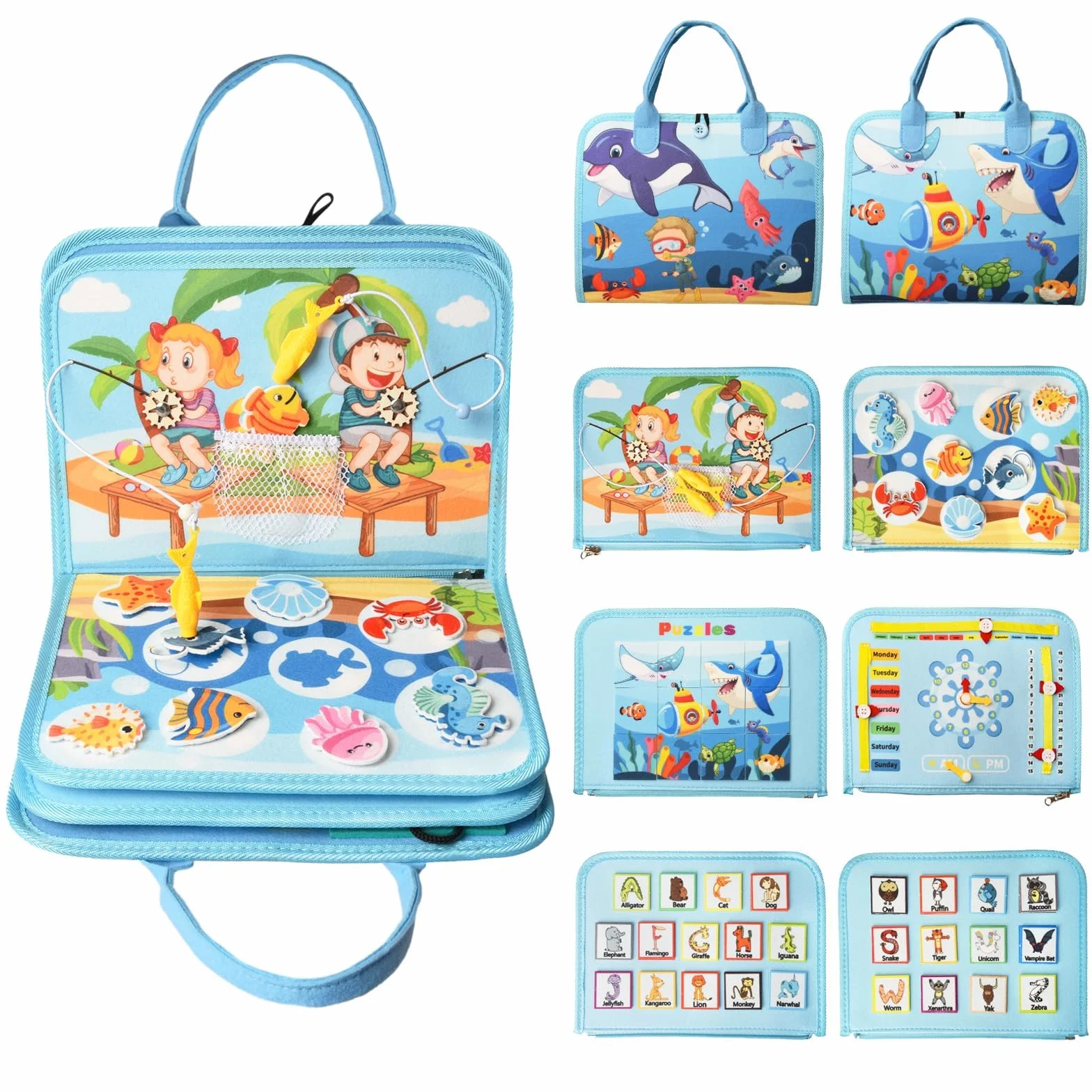 Busy Board per Bambini, Giochi Montessori 1-4 Anni, Giocattoli Educativi Sensoriali con Puzzle, Parole, Date, Orologi, Giochi di Pesca, Pulsante Sonoro, Cerniere e Fibbie