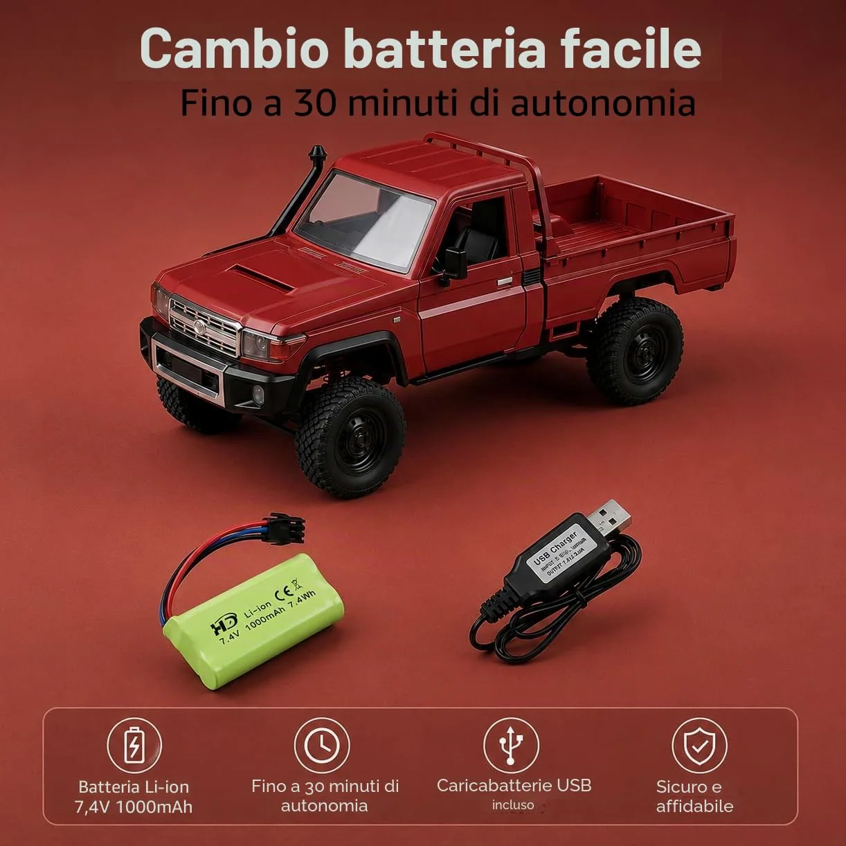 Toyota Land Cruiser | Auto RC telecomandato 1:12 | 4WD Crawler Pickup | Controllo 2,4 GHz 100 m | Luce LED | Li-Ion 7,4 V 500 mAh 30 min | Set completo RTR Offroad (Rosso)