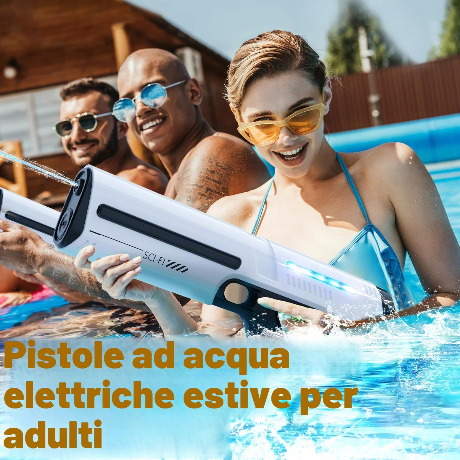 Skirfy Pistola ad acqua elettrica per bambini e adulti, giocattolo a spruzzo a batteria con serbatoio, portata 9 m, luce a LED, assorbimento automatico dell'acqua, gioco estivo in spiaggia all'aperto