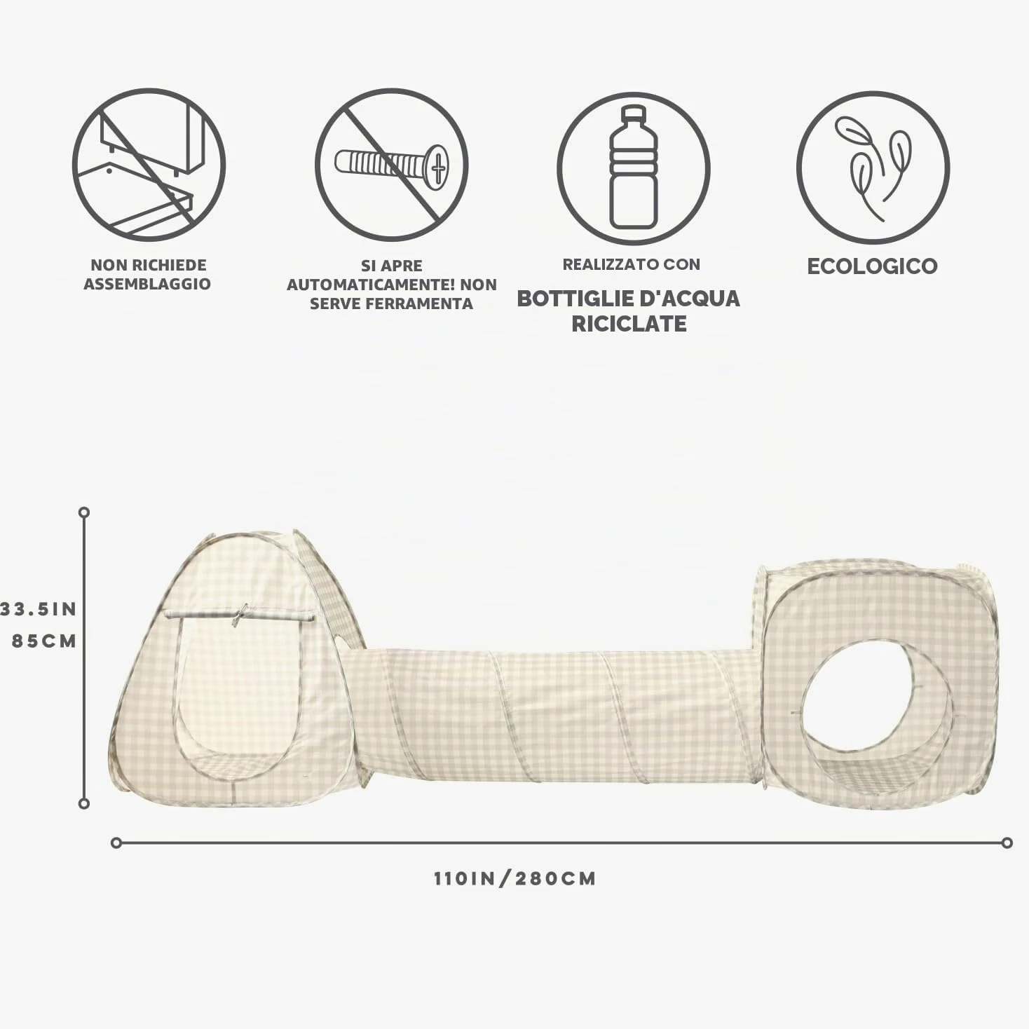 3 Sprouts Tenda Tunnel Gioco Bambini, Quadretti Beige | set tenda e tunnel gioco; pieghevole; per gioco interno, movimento e cameretta; si ripone piatto dopo il gioco; uso interno