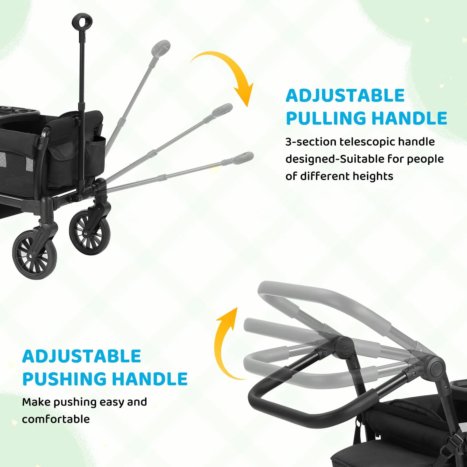 ELEMARA Passeggino per 2 bambino, passeggino pieghevole, carrello multiuso per bambino, carrello con tettoia rimovibile, maniglia regolabile, imbracature, grande borsa
