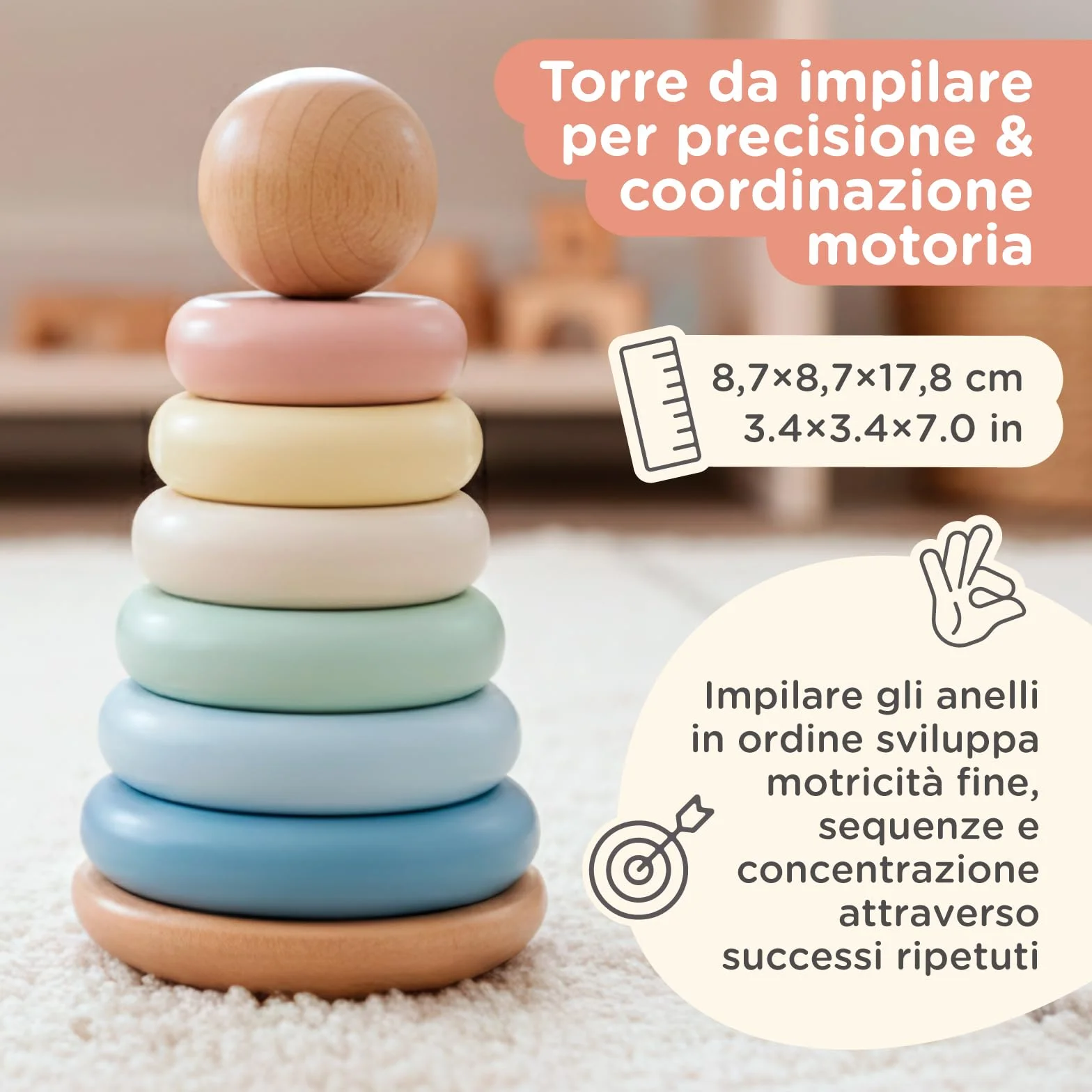 Nene Toys Giocattolo Montessori in Legno 3-in-1 per Bambini 1 Anno – Arcobaleno in Legno, Torre da Impilare & Gioco di Incastro – Gioco Educativo 1–3 Anni – Idea Regalo Bimba Bimbo – Colori Pastello