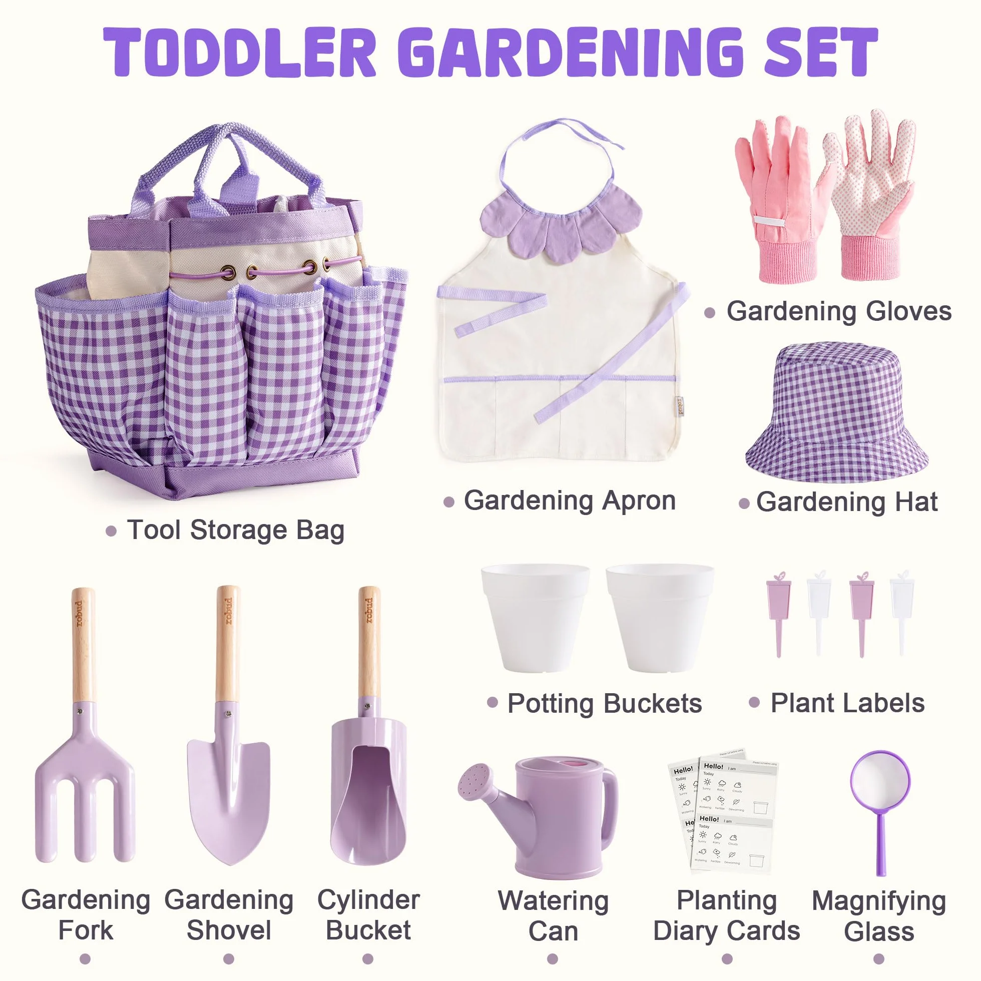 ROBUD Set da giardinaggio per bambini, 17 pezzi, con annaffiatoio per bambini, grembiule, forchetta e pala da giardino, paletta cilindrica, guanti da giardinaggio e borsa tote, giocattoli da giardino