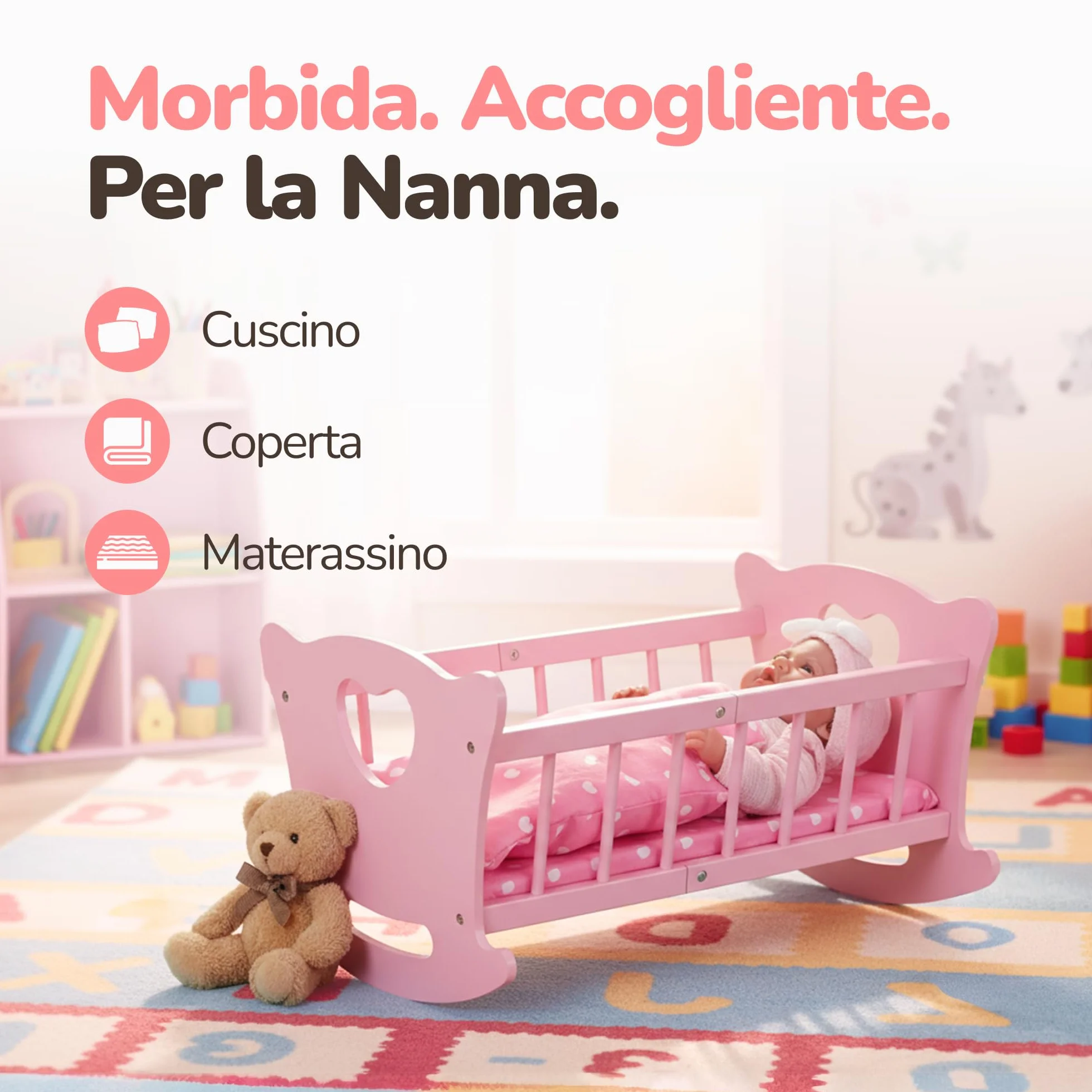 Kinderplay Culla per bambole in legno con biancheria da letto, letto a dondolo per bambole fino a 49,5 cm, giocattolo sostenibile in legno per ragazze dai 3 anni in su, letto per bambole con materasso