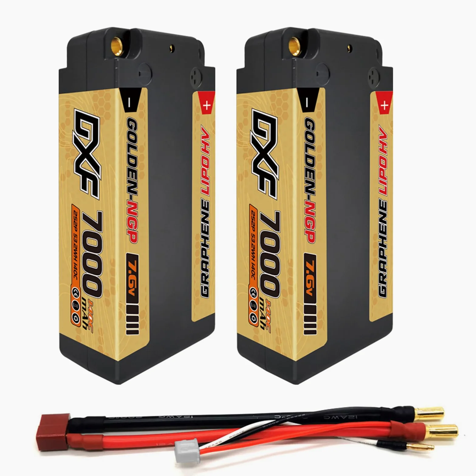 DXF Batteria LiPo 2S 7.6V 7000mAh 140C HV Corta Golden NGP Bullet 5mm Spina T Auto RC 1/8 1/10 Truck Aereo Elicottero Barca Buggy Custodia Rigida 2 Pezzi