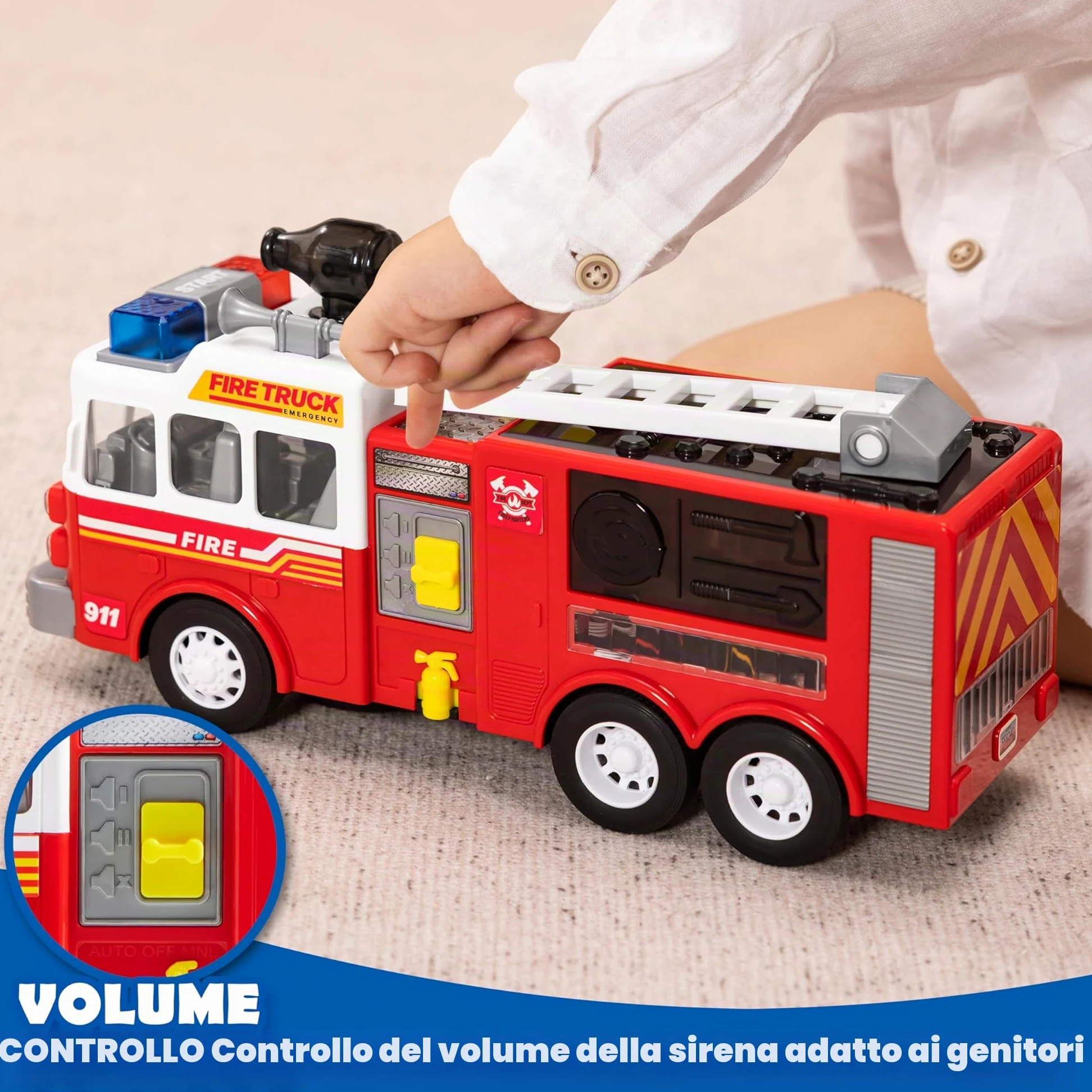 JOYIN Camion dei pompieri a LED, giocattolo per bambini, proiezioni a LED e sirene, camion dei pompieri con interruttore di modalità e controllo del volume, giocattolo per ragazzi e ragazze