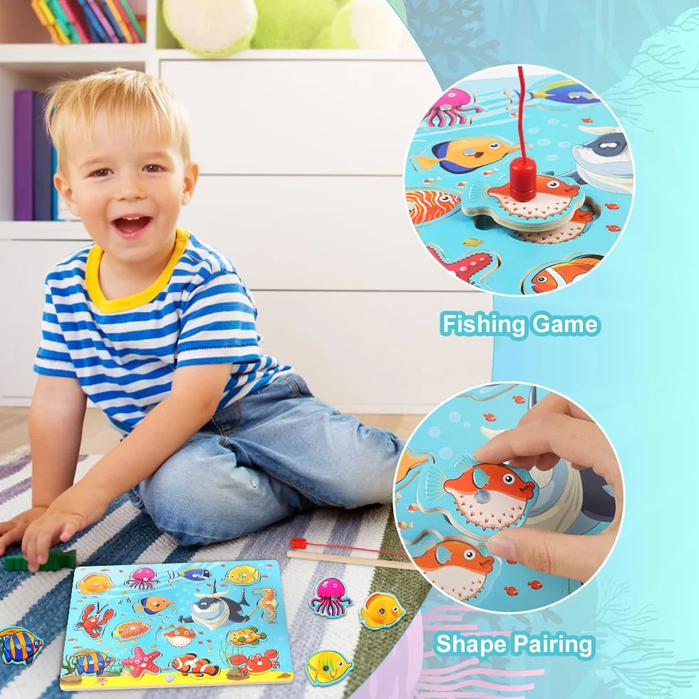 Vicloon Magnetico Giochi di Pesca per Bambini, Giochi Magnetici di Pesca in Legno, Giocattoli di Legno Gioco di Pesca, Giochi Montessori, Educativo Interattivi per Bambini Regalo 3 4 5 Anni(Oceano)