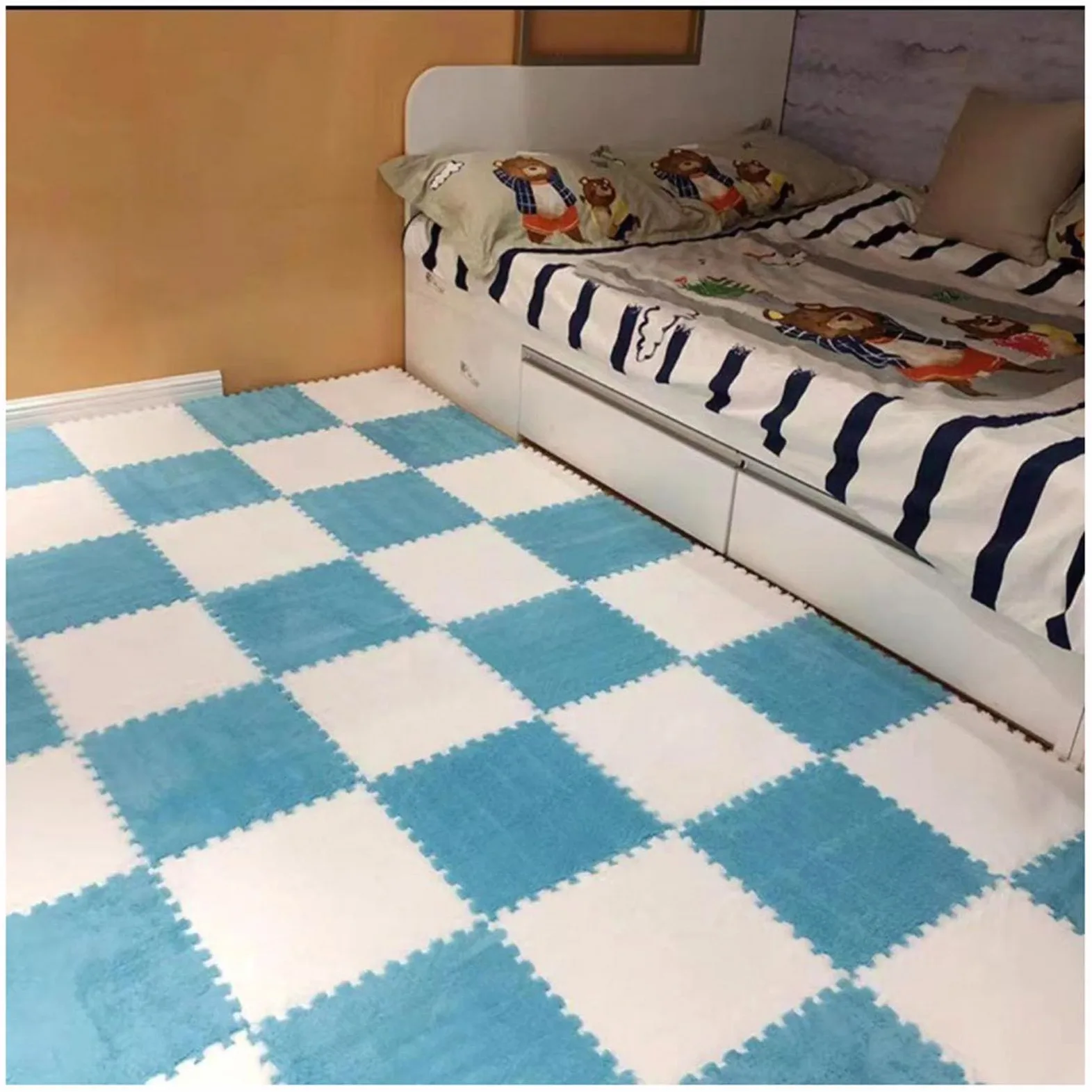 Tappeto ad Incastro Splice 10 Pezzi Patchwork Peluche Schiuma Piastrelle per Pavimenti Tappetino per Camera da Letto, Soggiorno, Sala Giochi, Tappeto ad Incastro in schiu,Blue+White