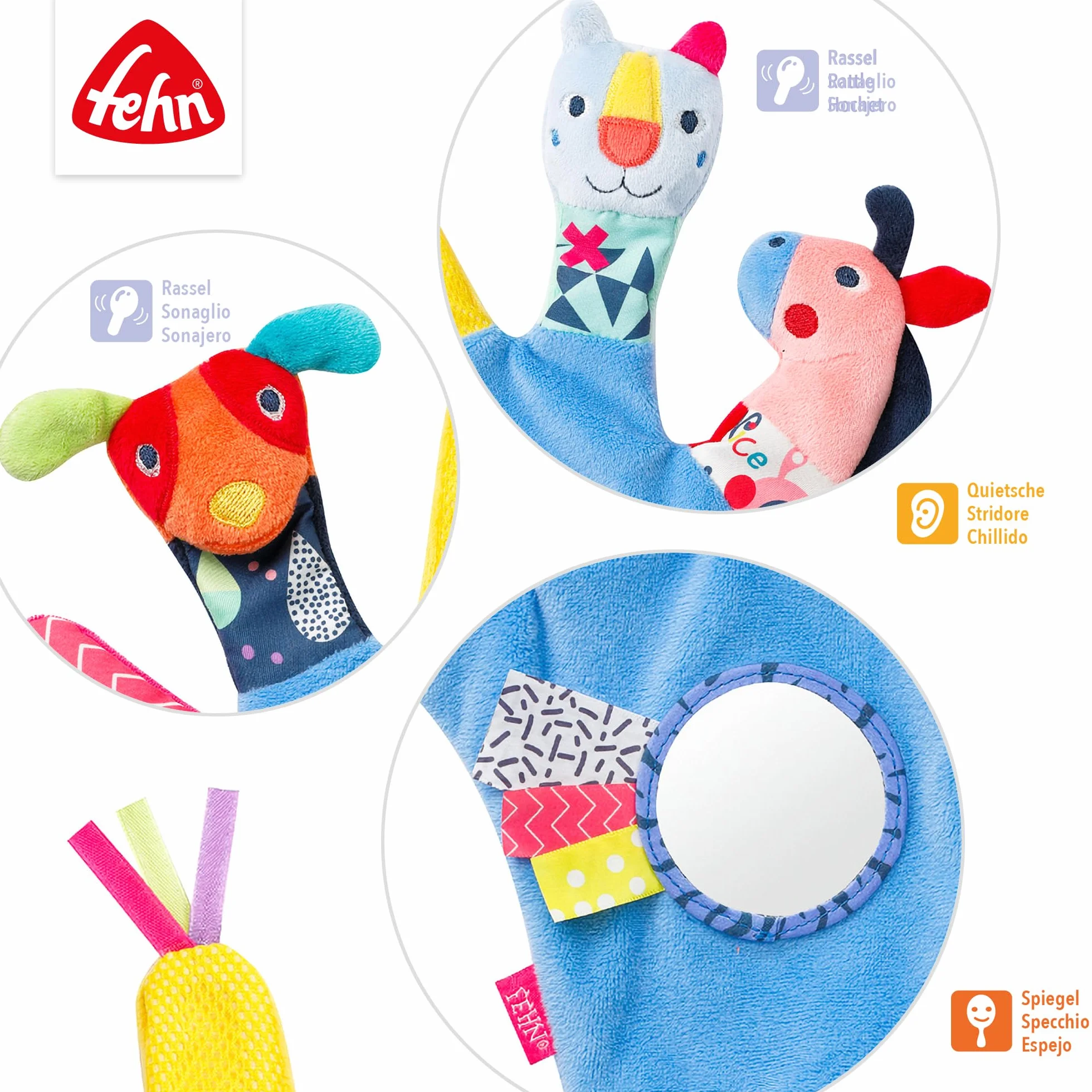 Fehn Color Friends Guanto da gioco con sonaglio e squeaker per bambini 0+ mesi