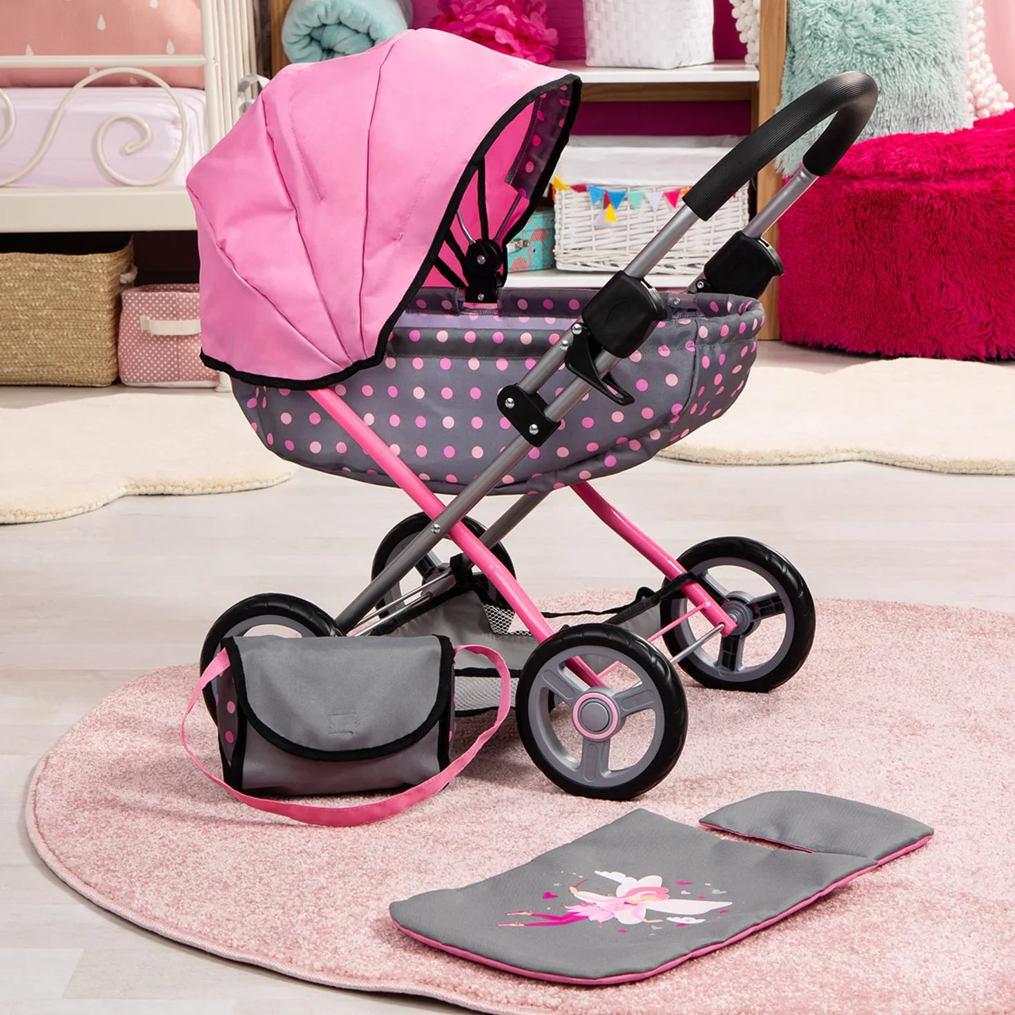 Bayer Design 12766AA Carrozzina per Bambole Cosy, Pieghevole, con Borsa, Cuscino e Coperta