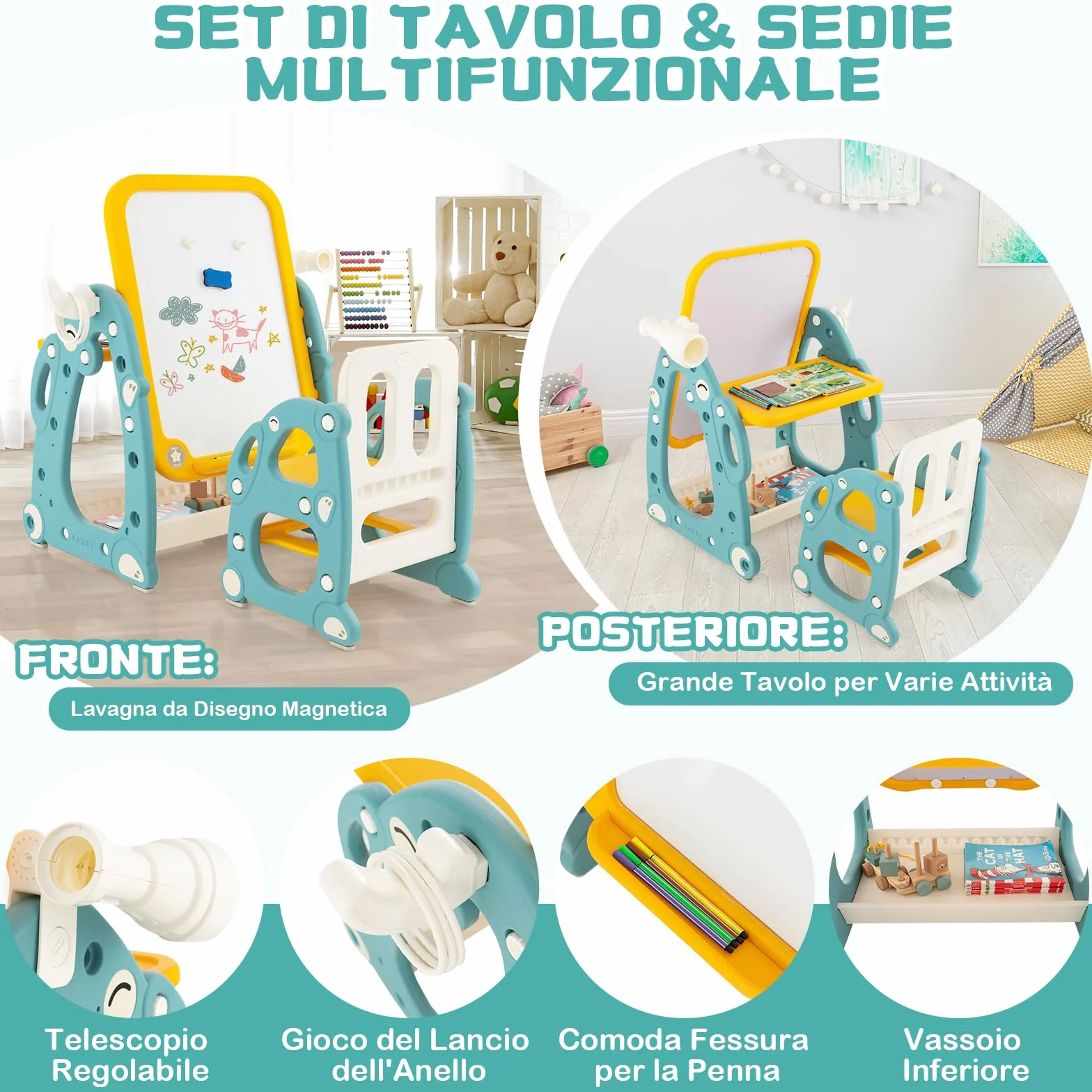 GYMAX Tavolozza Artistica 4 in 1 per Bambini con Sedia, Set Tavolo e Sedia per Disegno con Lavagna Magnetica Regolabile