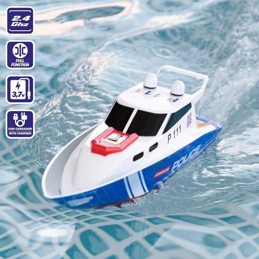 ColorBaby 47674 Racing Boat Barca radiocomandata polizia, 36x10x10 cm, Telecomando, 6 direzioni, 2.4 GHz, portata 35-40 m, barca RC, giocattoli radiocontrollati, giocattoli per bambini, +4 anni