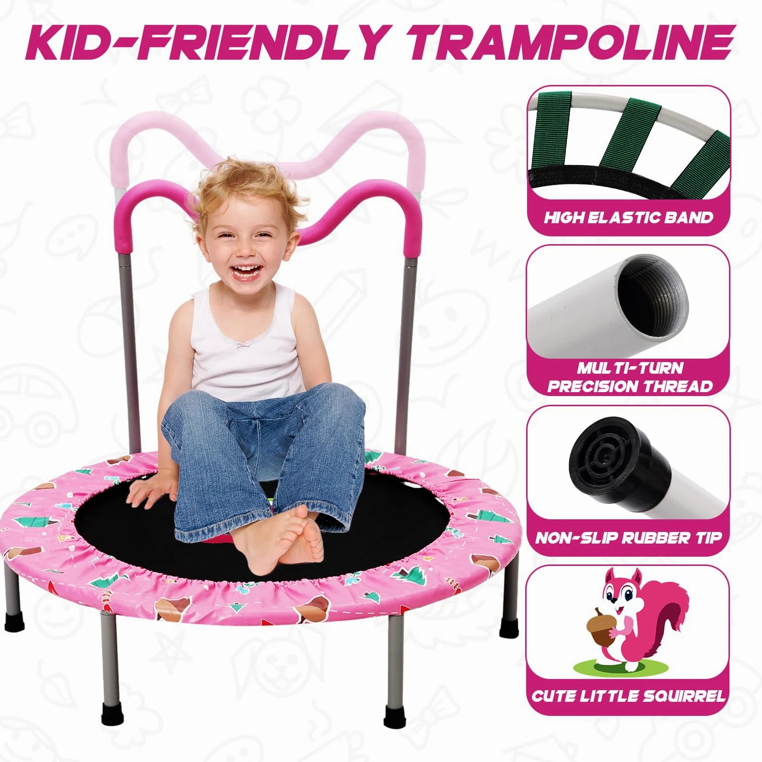 Trampolino Elastico per Bambini,Tappeto Elastico Pieghevole per Bambini con Piccolo Scoiattolo Copertura,Cuscinetti Antiscivolo e Maniglia,Ideale per Interno ed Esterno,Carico Massimo 150 kg
