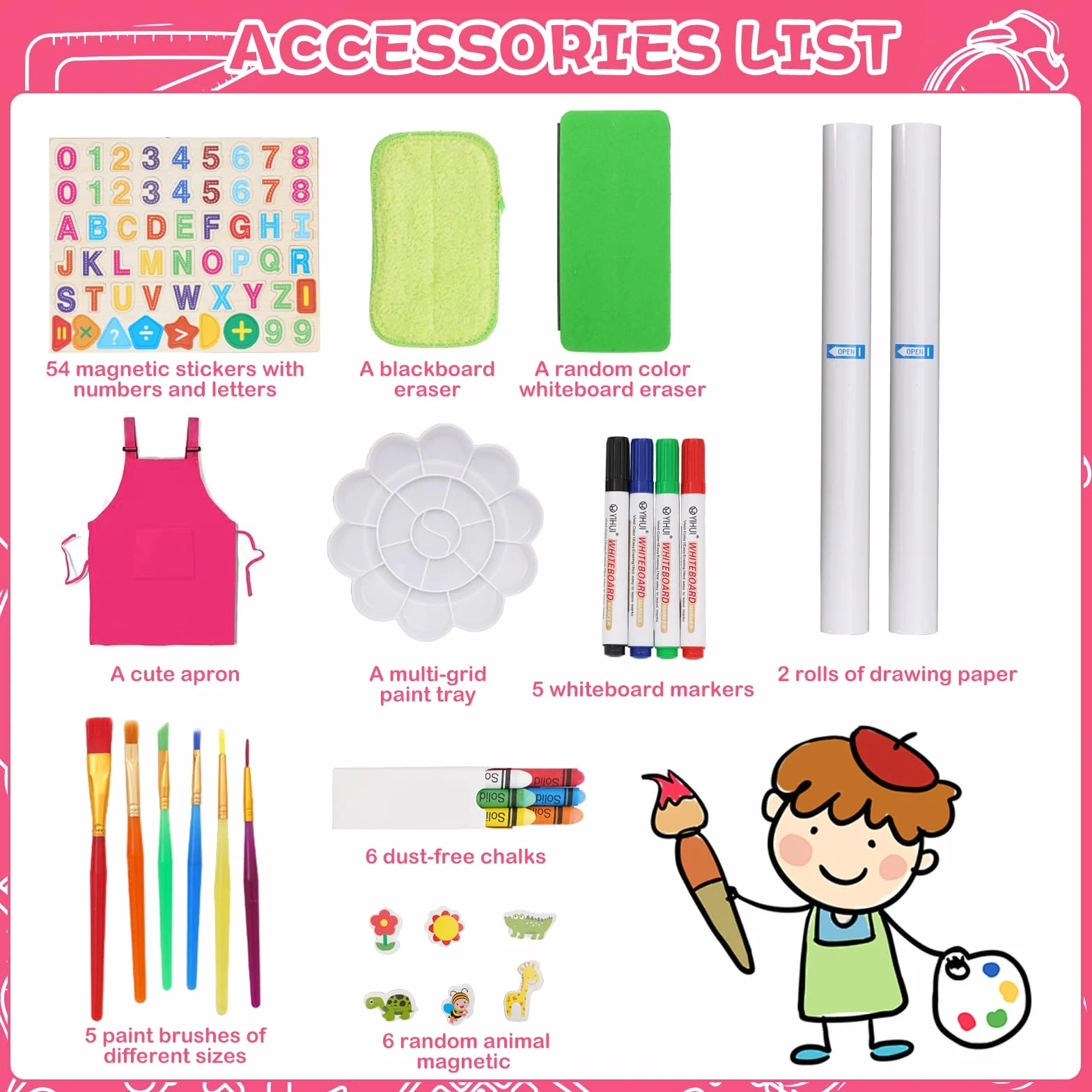 Lavagna per Bambini 3 in 1 con Rotolo di Carta, Cavalletto Artistico Pieghevole Rosa