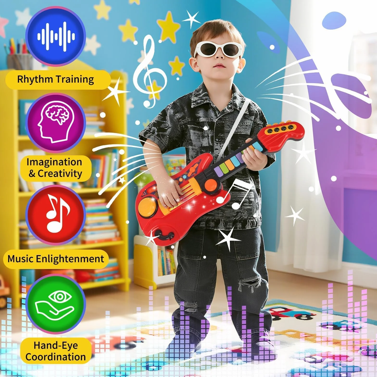 Chitarra Giocattolo 2-in-1 Strumento Musicale Elettrico per Bambini 3-5 Anni (Rosso)