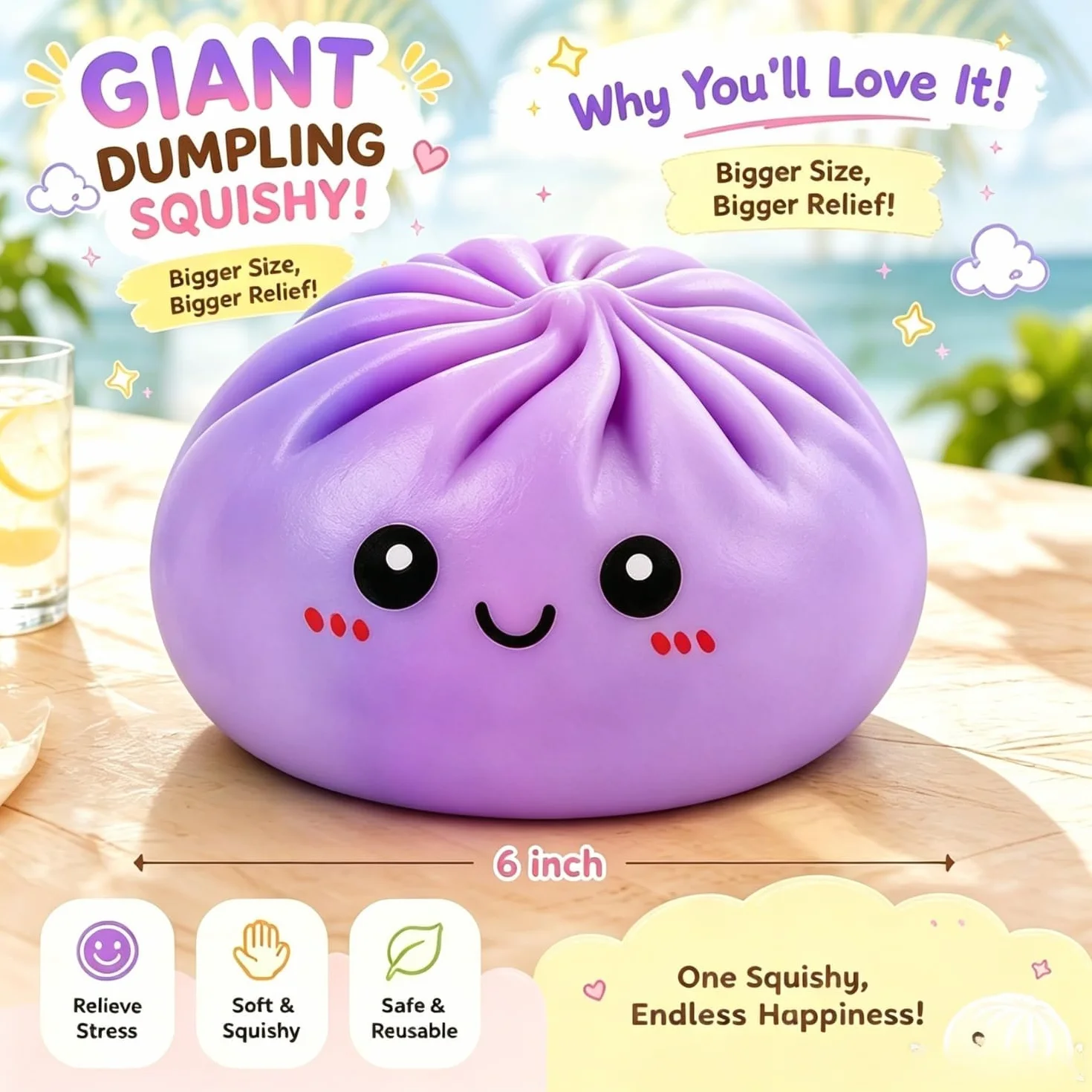 Dumpling Squishy Gigante, 25 CM Jumbo Extra Large Big Dumpling Palla Antistress con Scatola per Cottura a Vapore, Originale mistero carino morbido sensoriale per alleviare l'ansia (lilla, 15 CM)