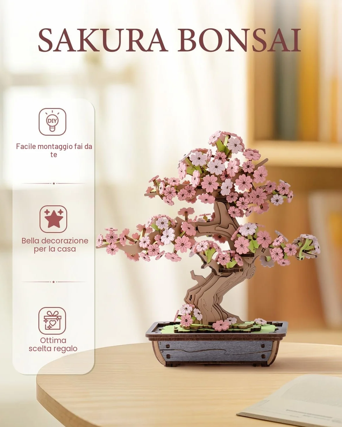 ROWOOD 3D Puzzle in legno Bonsai, kit modello pino fai da te per adulti da costruire, crea il tuo kit di costruzione in legno, decorazione unica per la casa (Sakura Bonsai)