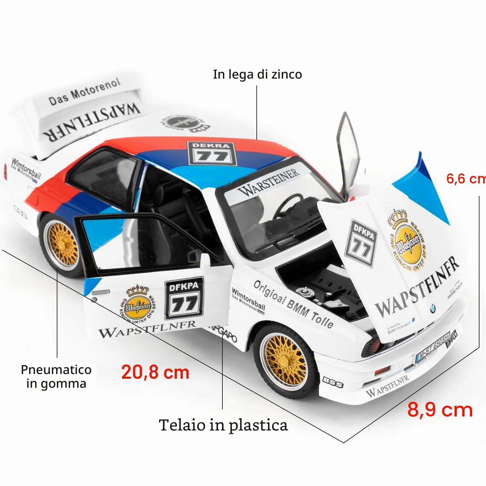 imtfzct Modellino auto 1/24 M3 in versione laccata, auto giocattolo in alluminio pressofuso con funzione audio e luce e funzione pull-back, modello da collezione, regalo per bambini (bianco)