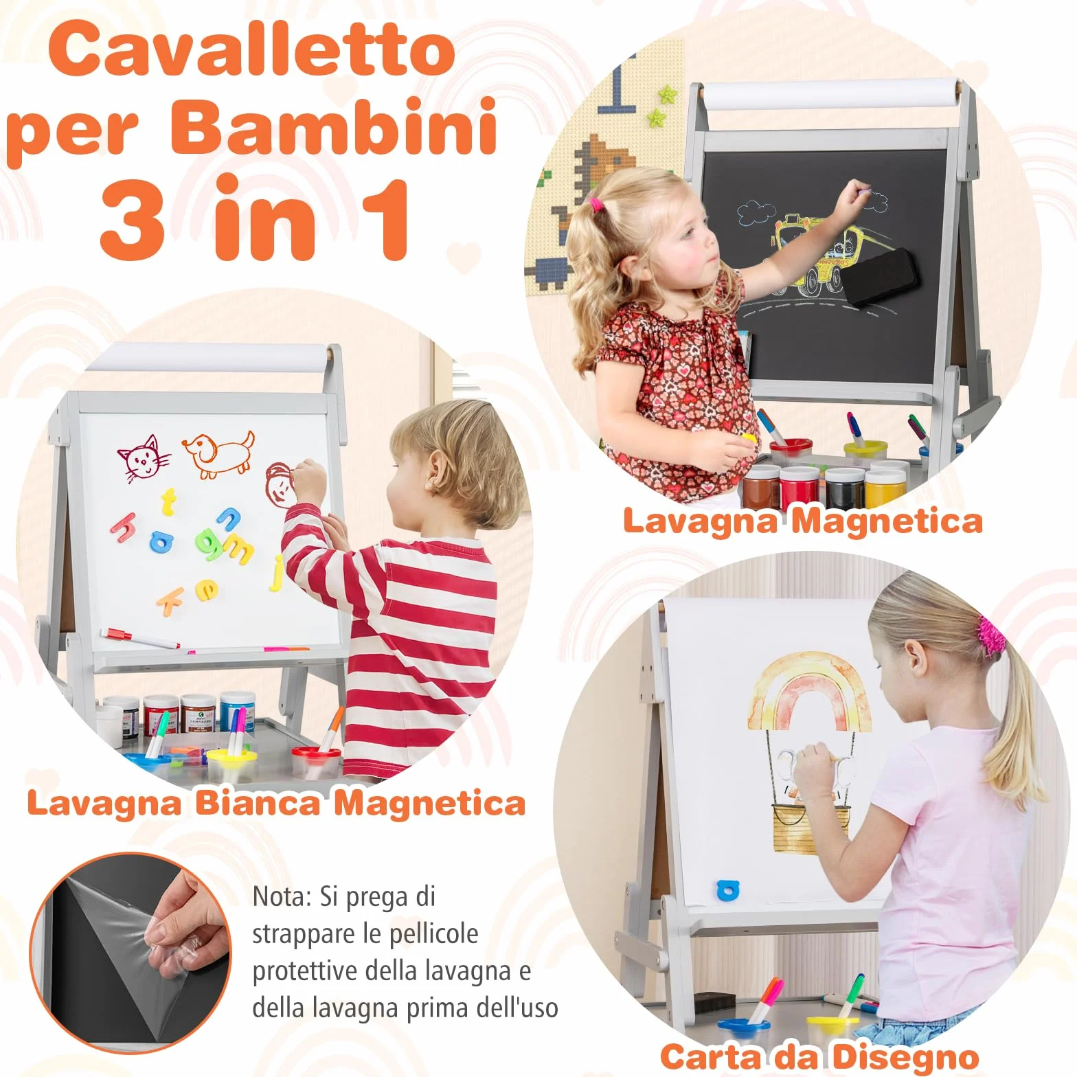 COSTWAY 3 in 1 Cavalletto per Bambini, Cavalletto con Doppia Faccia Magnetica e Lavagna Bianca, Rotolo di Carta, 3 Bicchieri per Vernice e 2 Cestini in Tessuto, per Bambini 3-6 Anni (Grigio)
